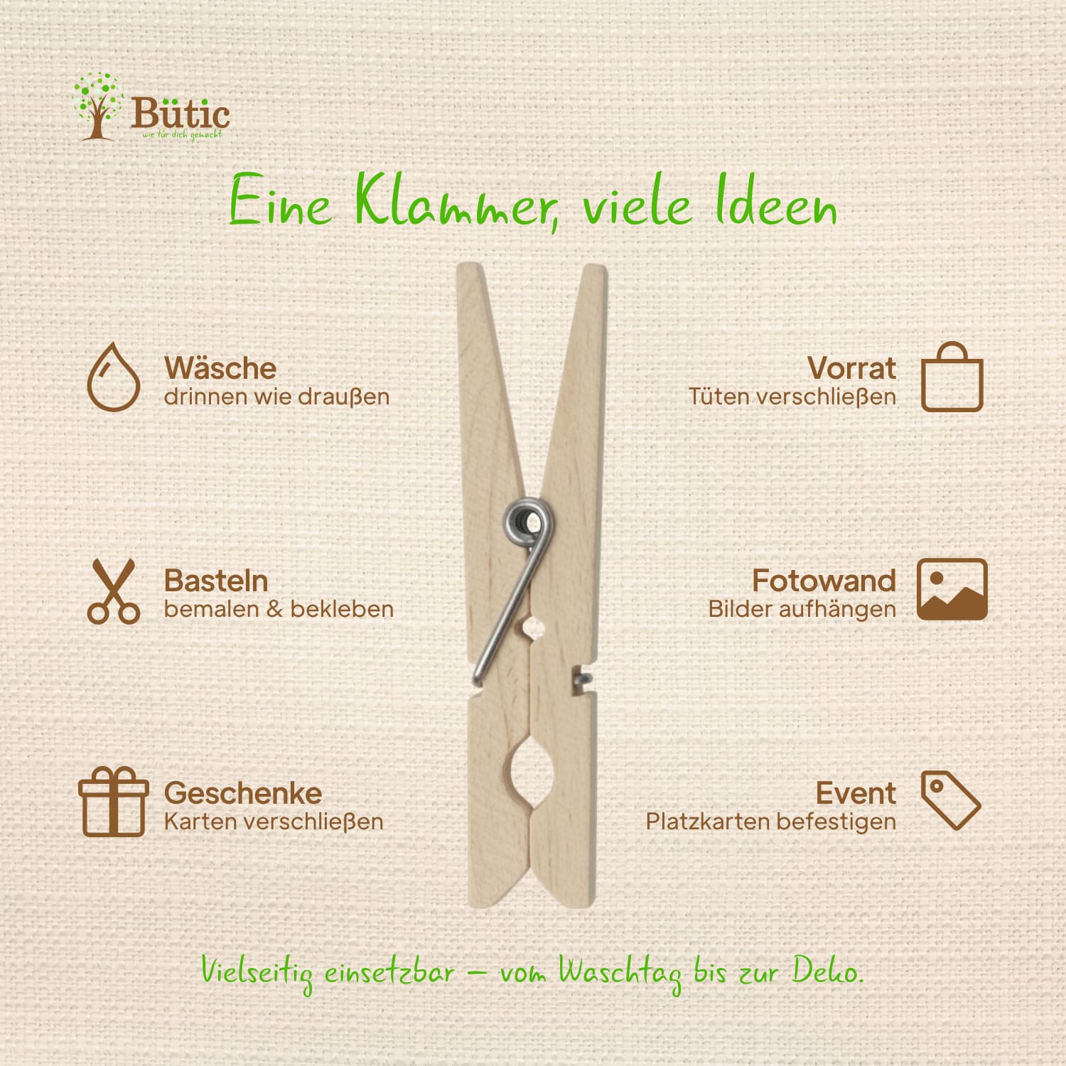 Infografik zu den Einsatzbereichen der Wäscheklammern aus Birkenholz: Wäsche drinnen und draußen, Basteln, Geschenke, Vorrat, Fotowand und Event