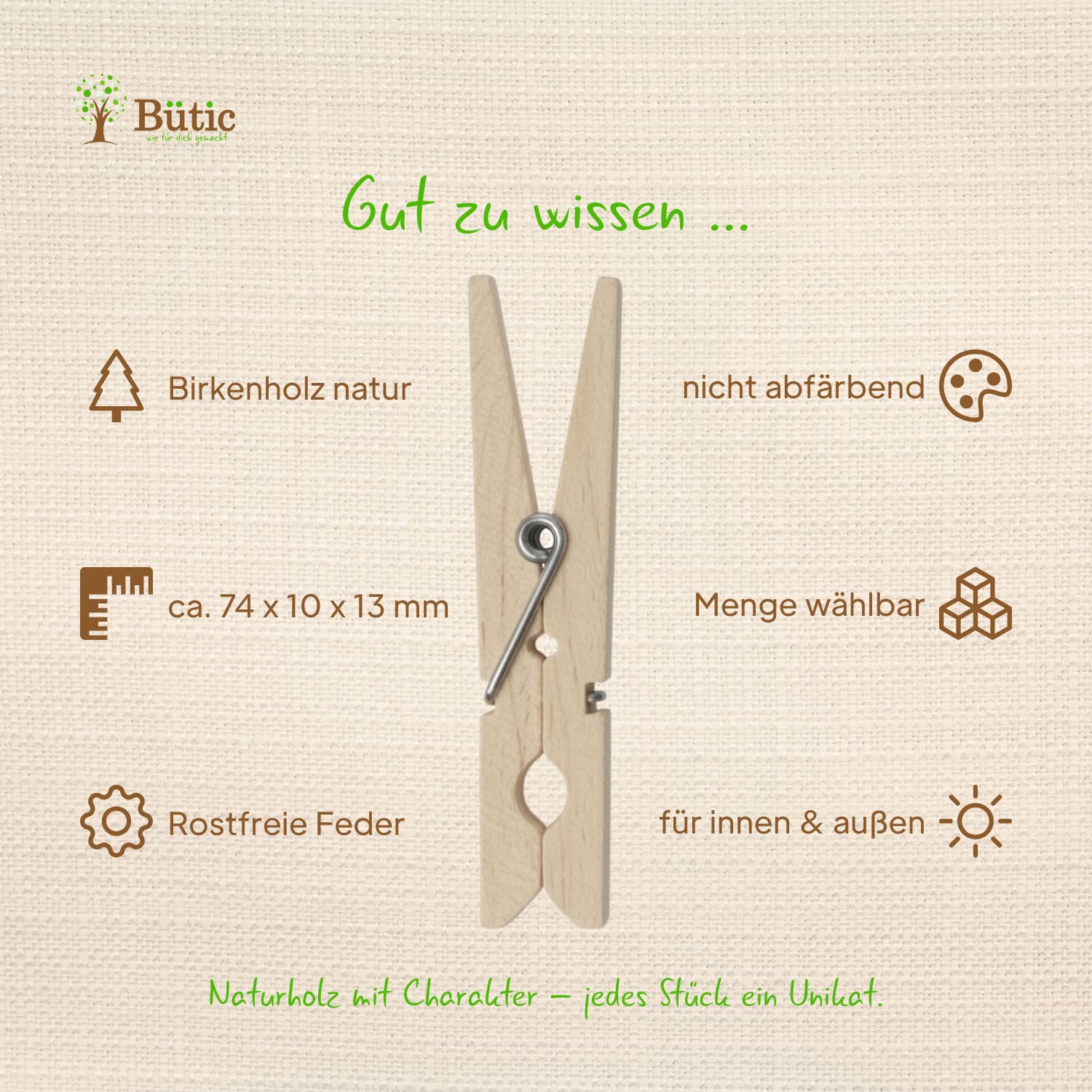 Infografik mit Produktdetails der Bütic Wäscheklammern aus Birkenholz: Birkenholz natur, ca. 74 × 10 × 13 mm, rostfreie Feder, nicht abfärbend, Menge wählbar, für innen und außen