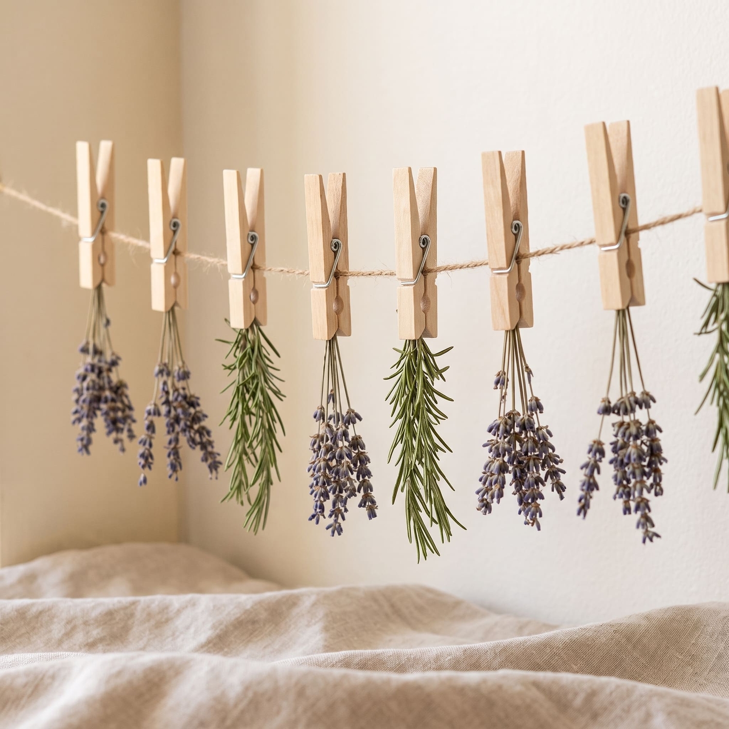 Holzklammern halten Bündel getrockneten Lavendel und Rosmarin kopfüber an einer Schnur zum Trocknen
