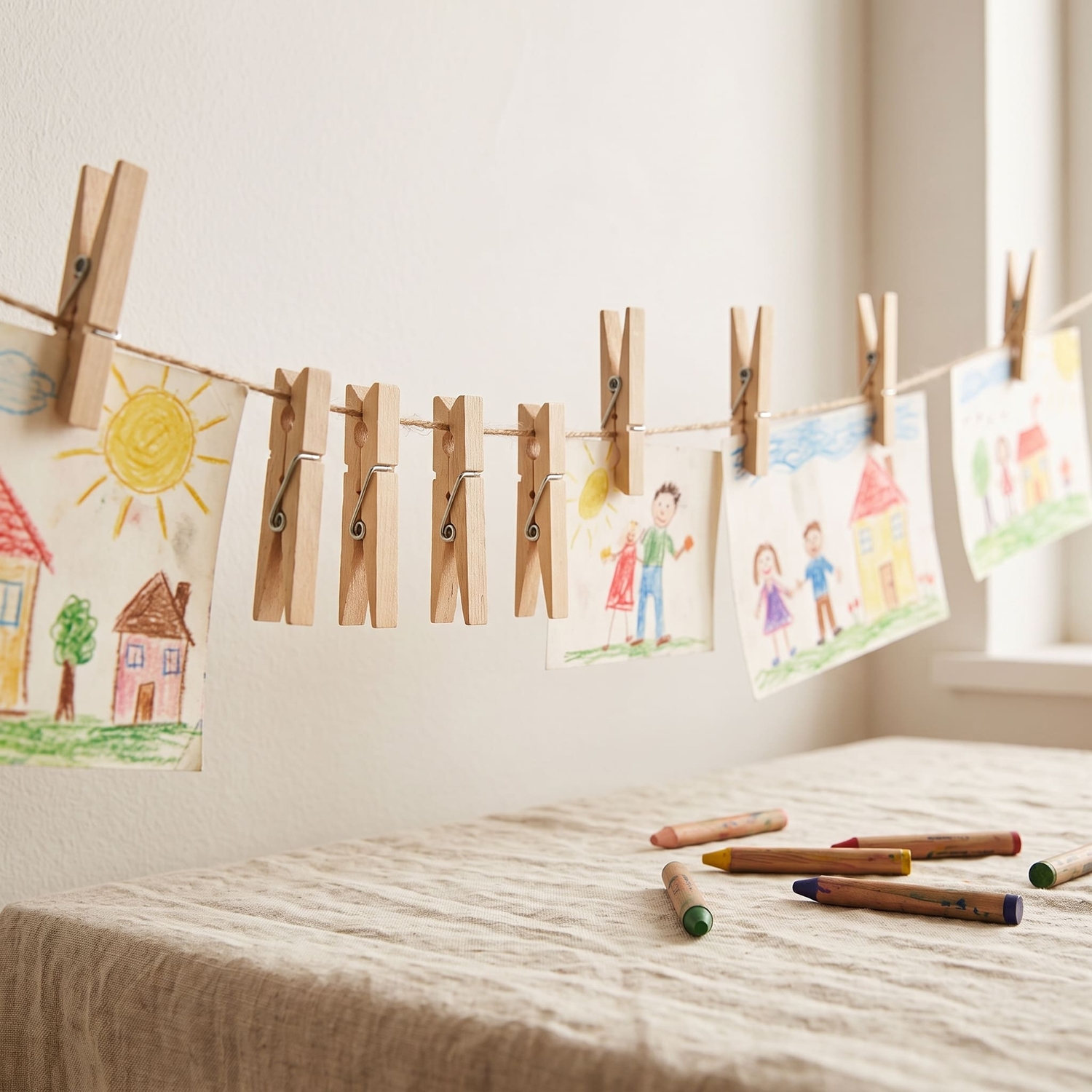 Holzklammern halten bunte Kinderzeichnungen an einer Schnur vor heller Wand, Buntstifte im Vordergrund