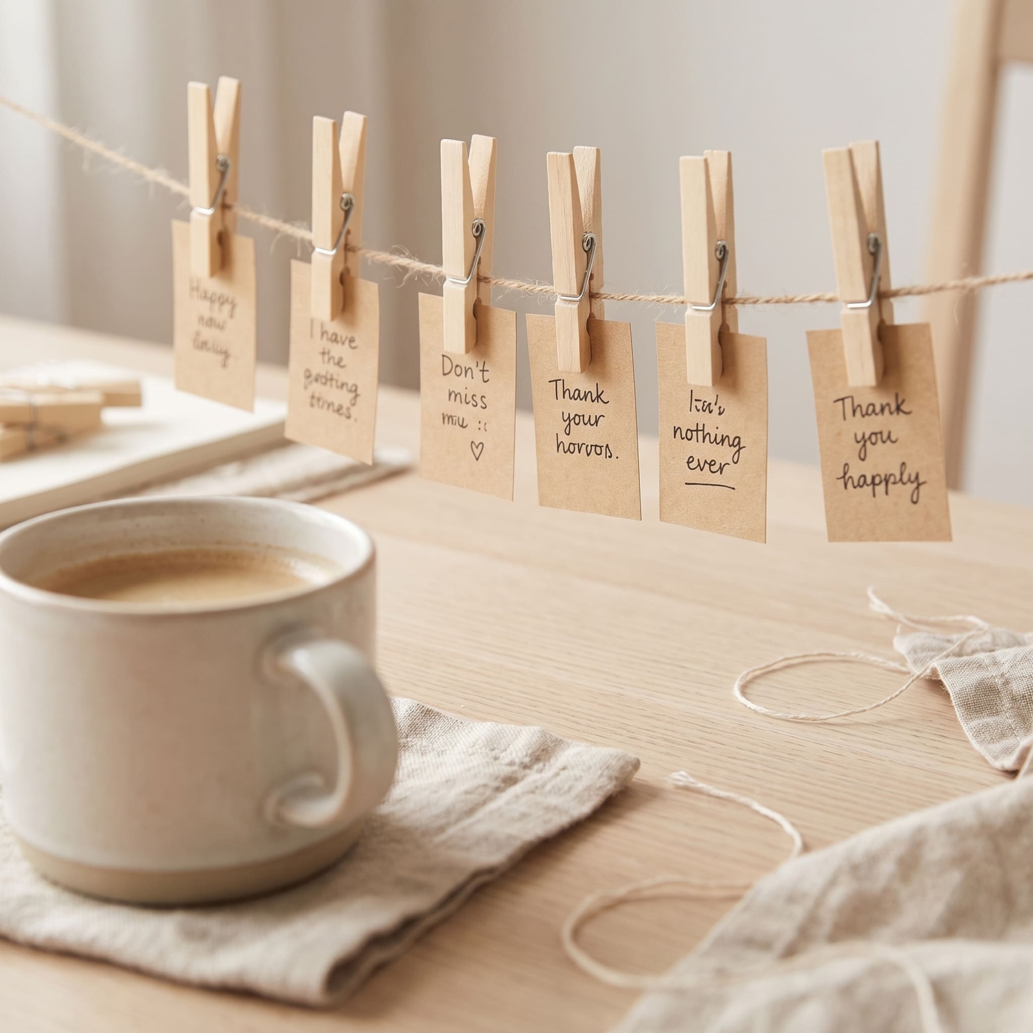 Holzklammern befestigen Kraftpapier-Notizzettel an einer Schnur über einem Schreibtisch mit Kaffeetasse