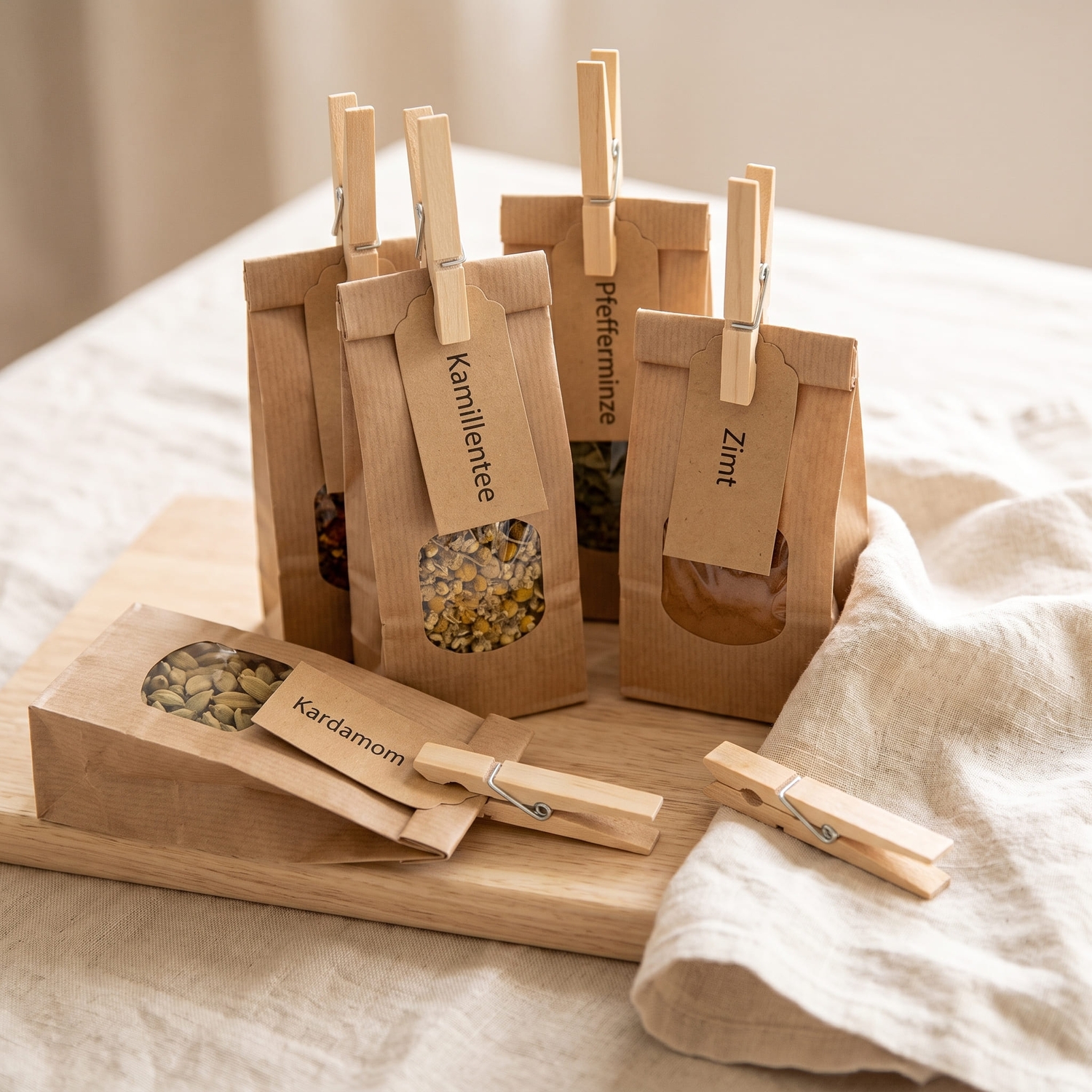 Holzklammern verschließen beschriftete Papiertüten mit Kamillentee, Pfefferminze, Zimt und Kardamom