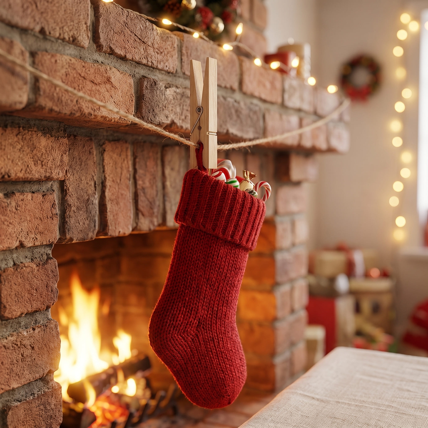 Wäscheklammer aus Birkenholz hält einen roten Weihnachtsstrumpf mit Süßigkeiten an einer Schnur über dem Kaminsims