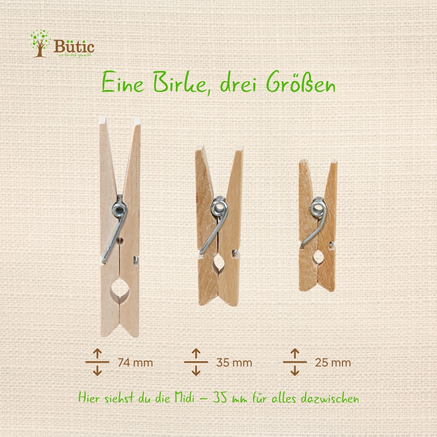 Infografik mit drei Birkenholzklammern im Größenvergleich