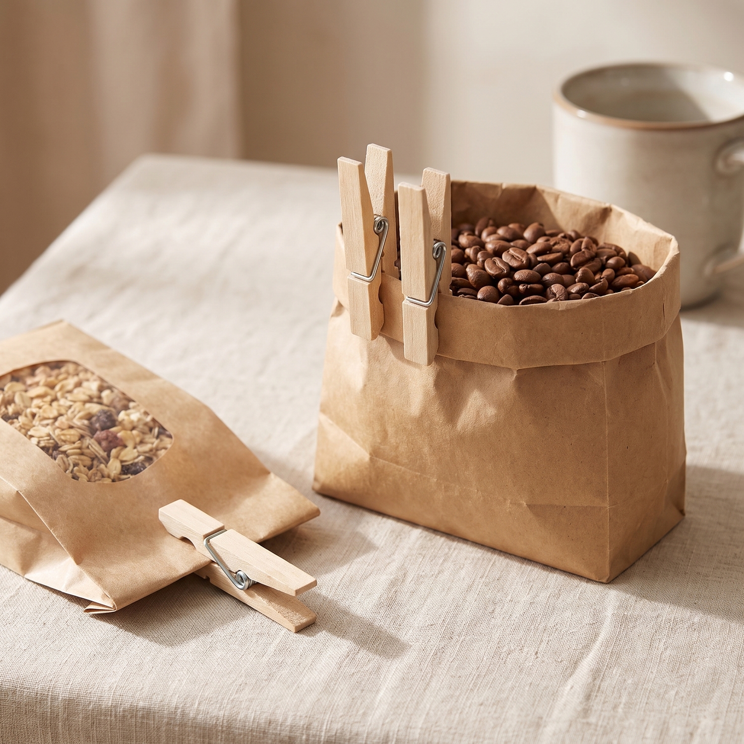 Holzklammern aus Birke verschließen Kaffee- und Müslitüten in der Küche
