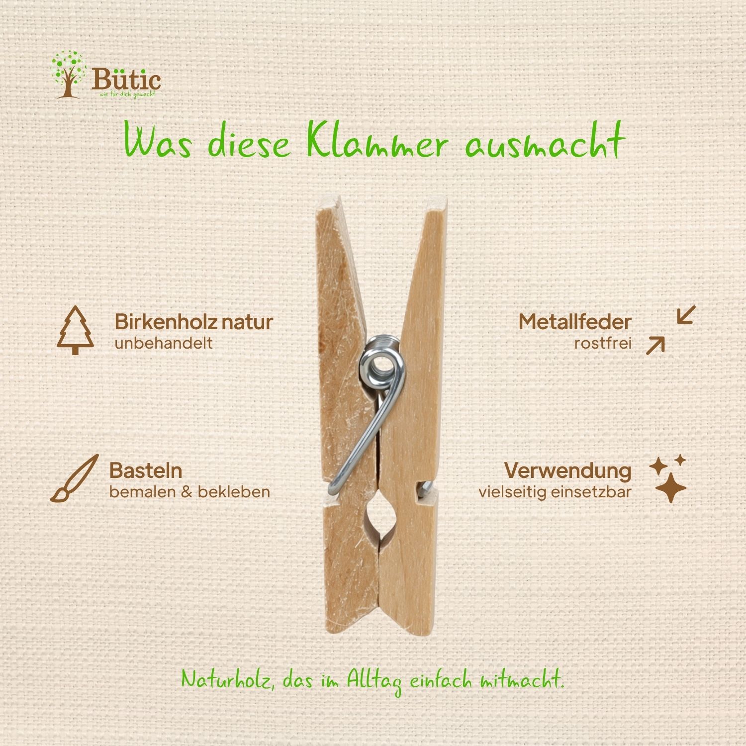 Infografik mit den Produkteigenschaften der Midi Dekoklammer 35 x 7 mm aus Birkenholz.