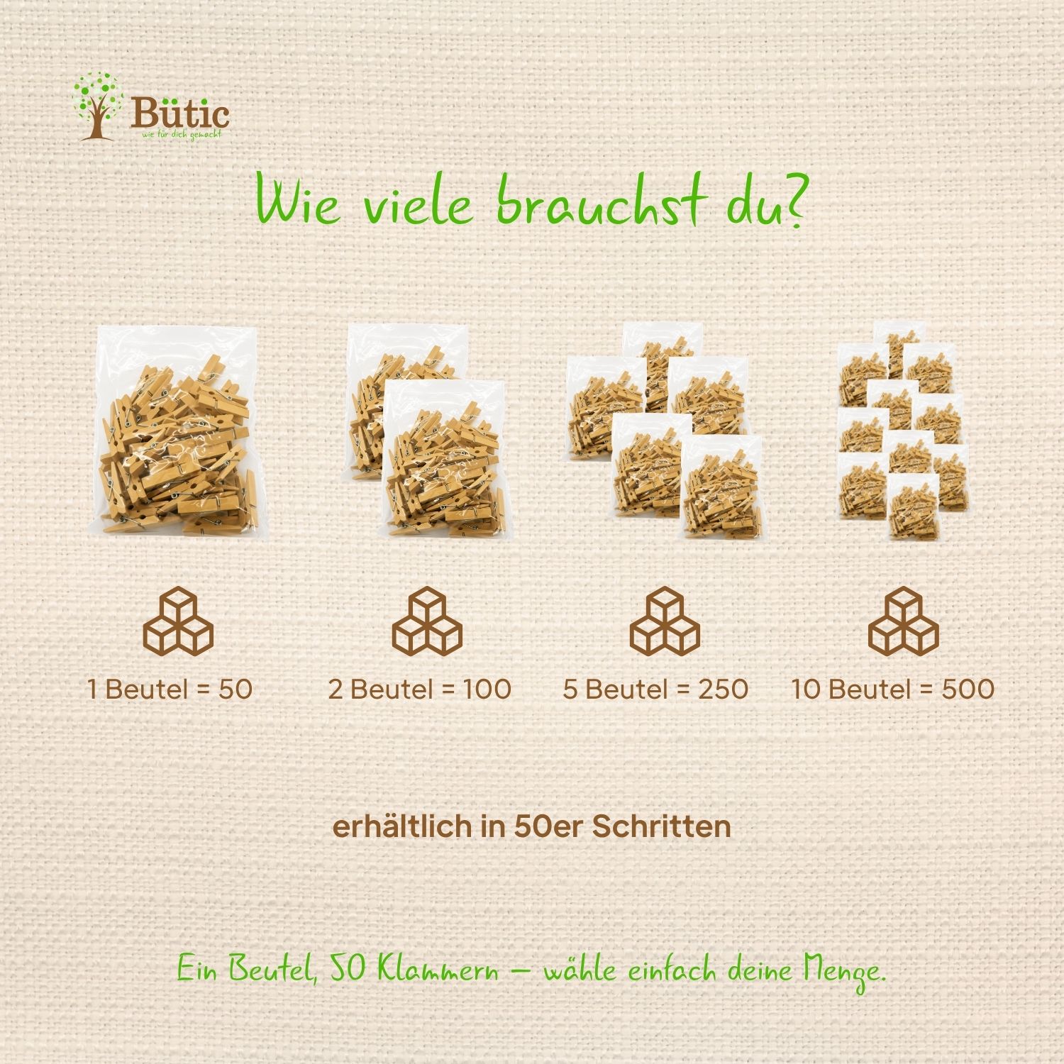 Infografik mit den Packungsgrößen der Midi Dekoklammer 35 x 7 mm aus Birkenholz.