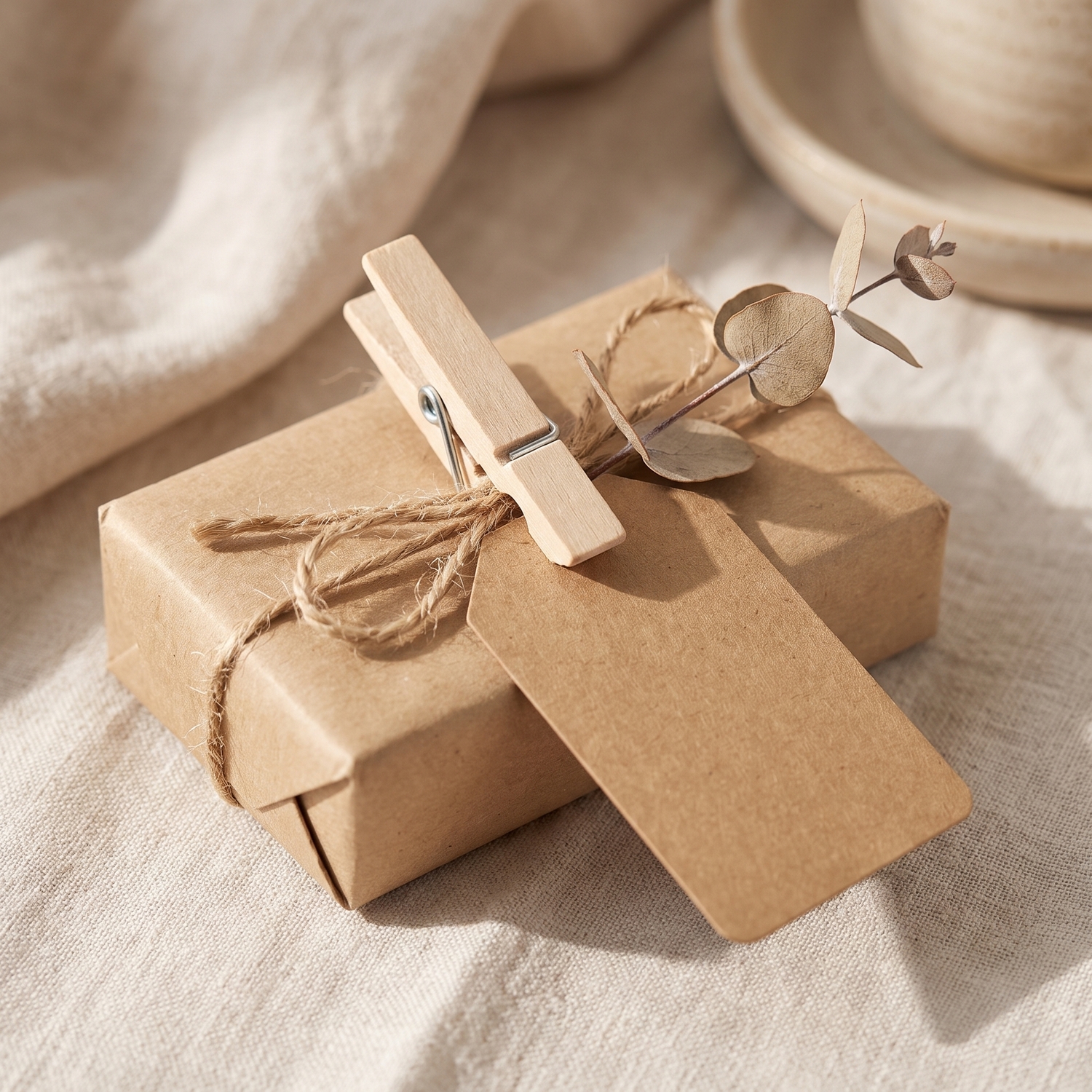 Holzklammer aus Birke befestigt Anhänger und Trockenblume an einem Geschenk