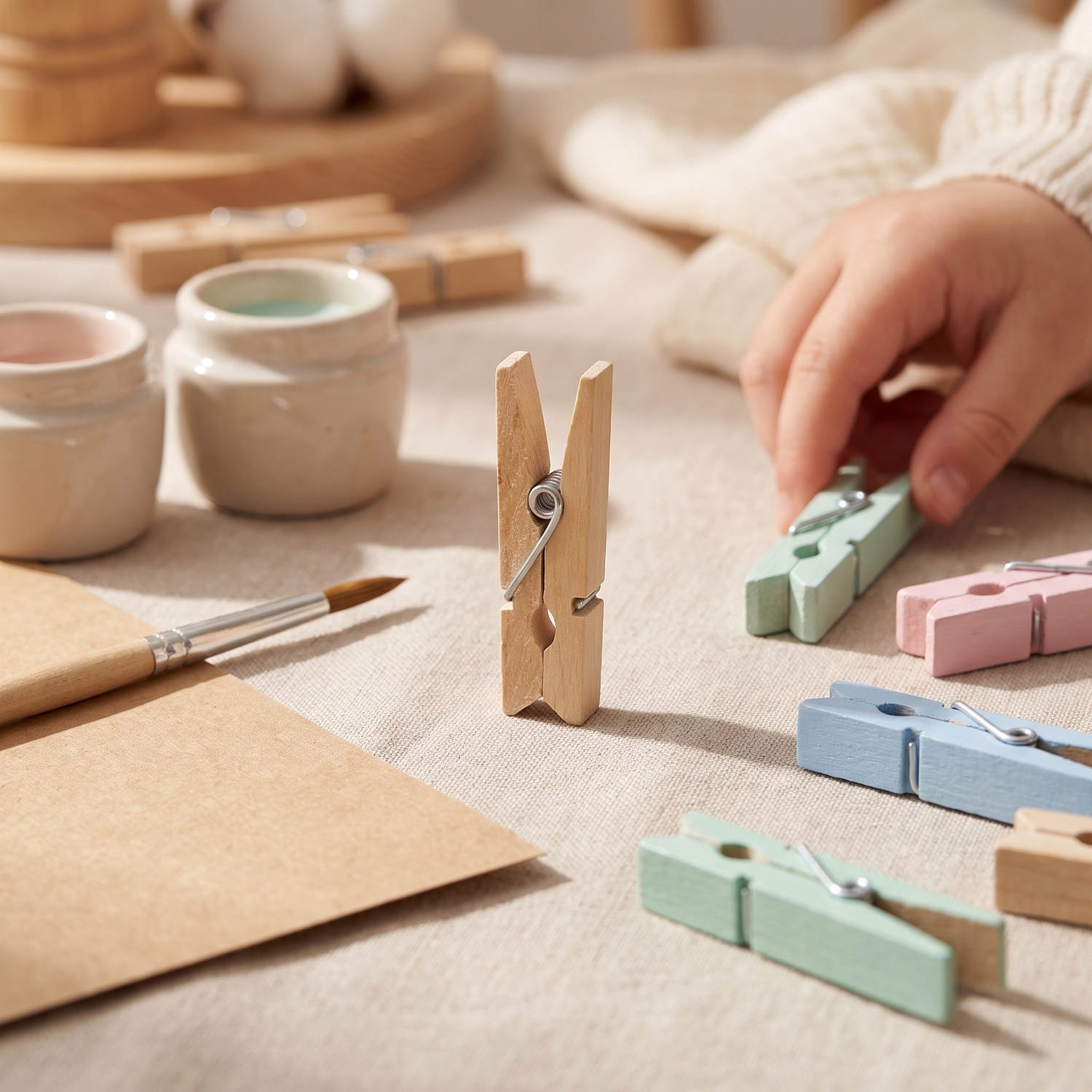 Bemalte Holzklammern aus Birke mit Pinsel und Farbe auf dem Basteltisch