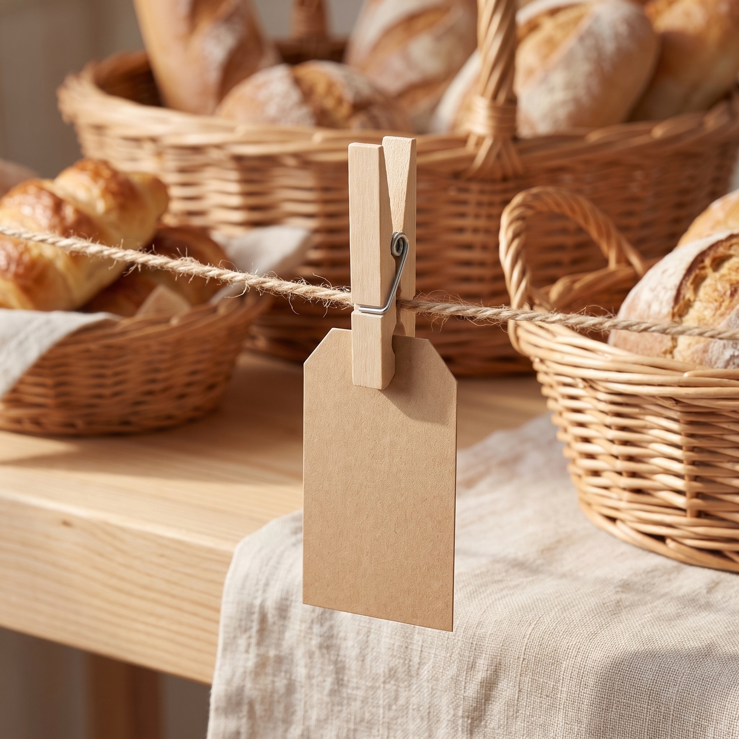 Holzklammern aus Birke befestigen Kraftpapier-Schilder an einem Marktstand