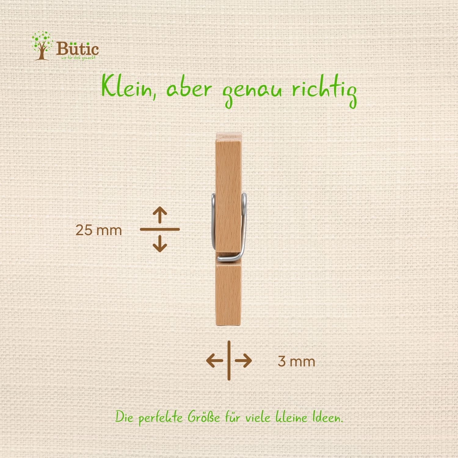 Infografik mit den Maßen 25 x 3 mm der Mini Deko Holzklammer