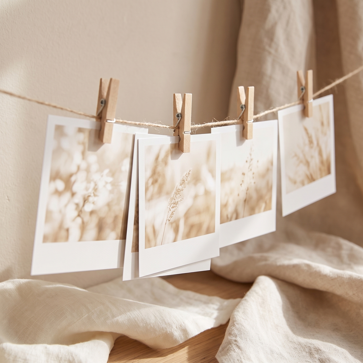 Mini-Holzklammern aus Birke halten Sofortbilder an einer Fotoschnur vor heller Wand