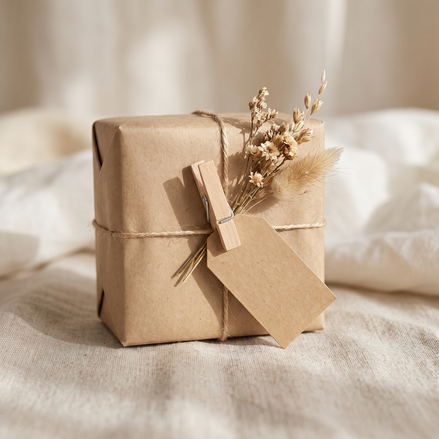 Holzklammer aus Birke befestigt Anhänger und Trockenblume an einem Geschenk in Kraftpapier