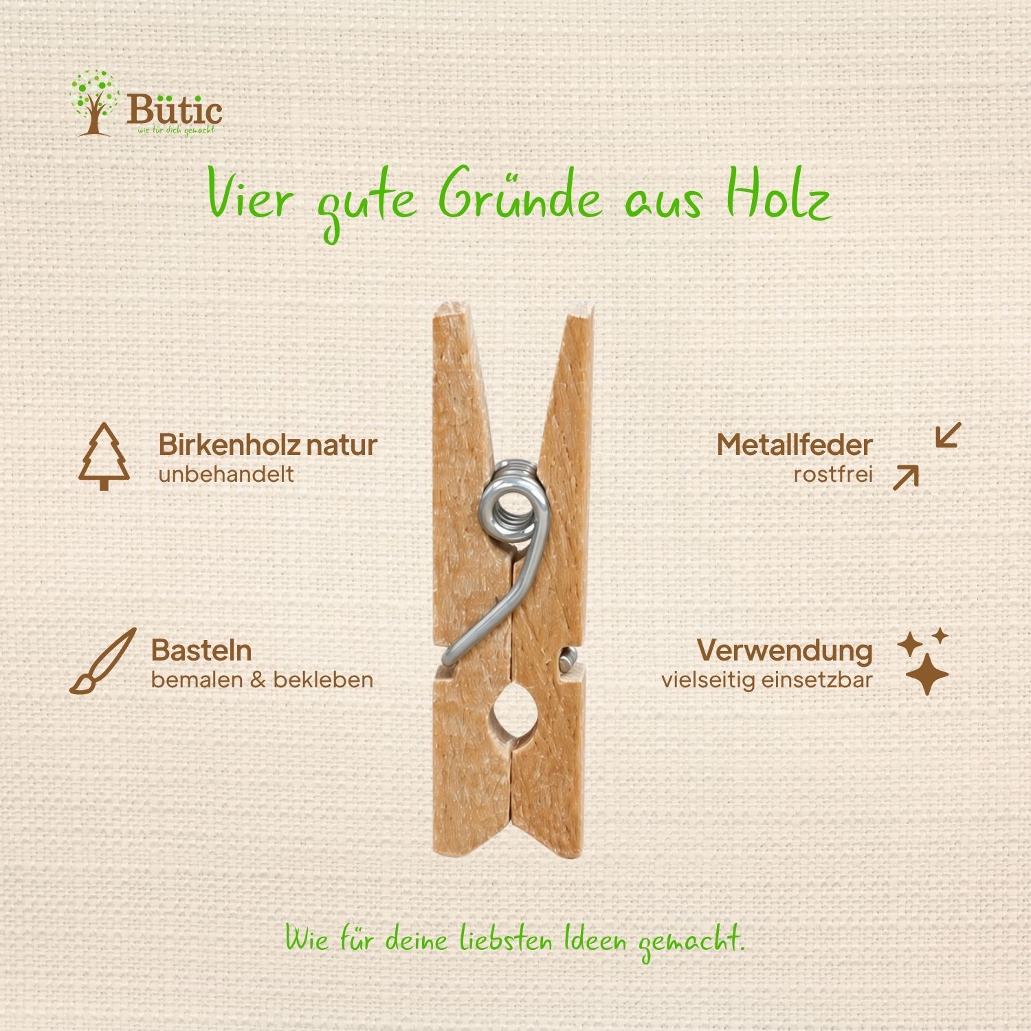 Infografik mit den Produkteigenschaften der Mini Deko Holzklammer 25 x 3 mm