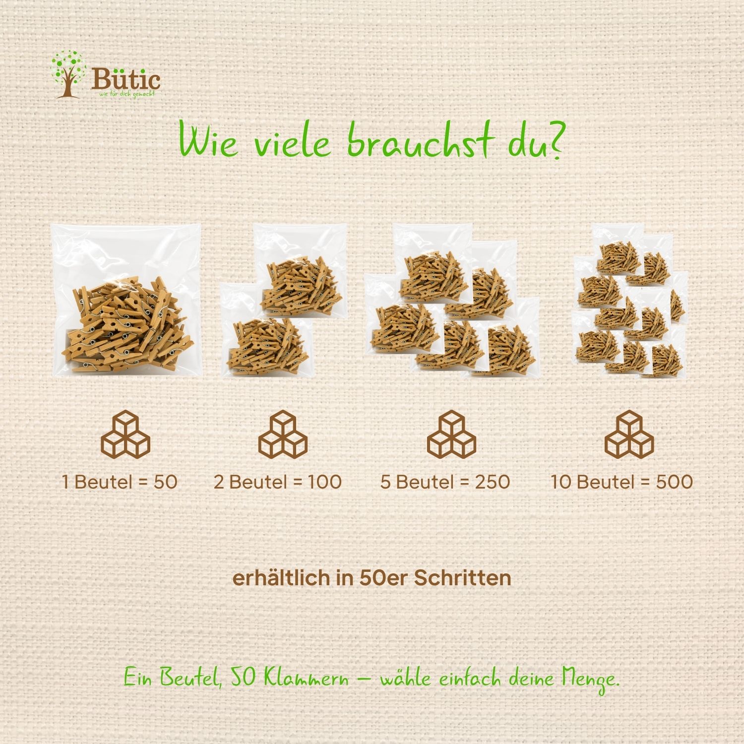 Infografik mit den Verpackungseinheiten der Mini Deko Holzklammer 25 x 3 mm