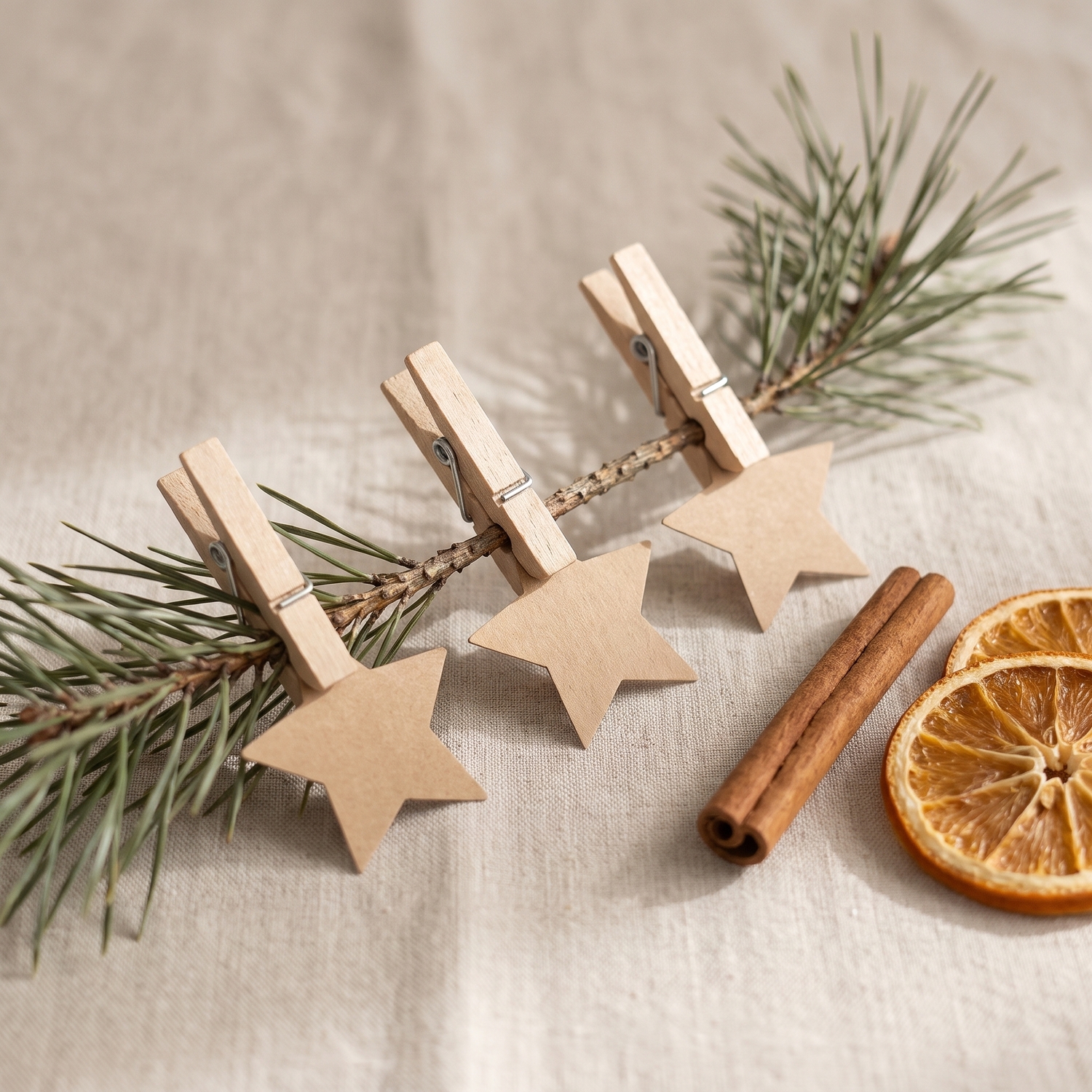 Mini-Holzklammern aus Birke mit Kraftpapier-Sternen an einem Tannenzweig zur Adventszeit