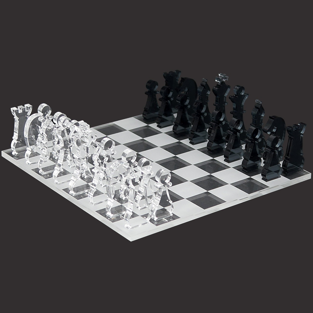  Mini Schachspielset 33 teilig aus transparentem Acryl klar und grau, Schachbrett per Laser graviert