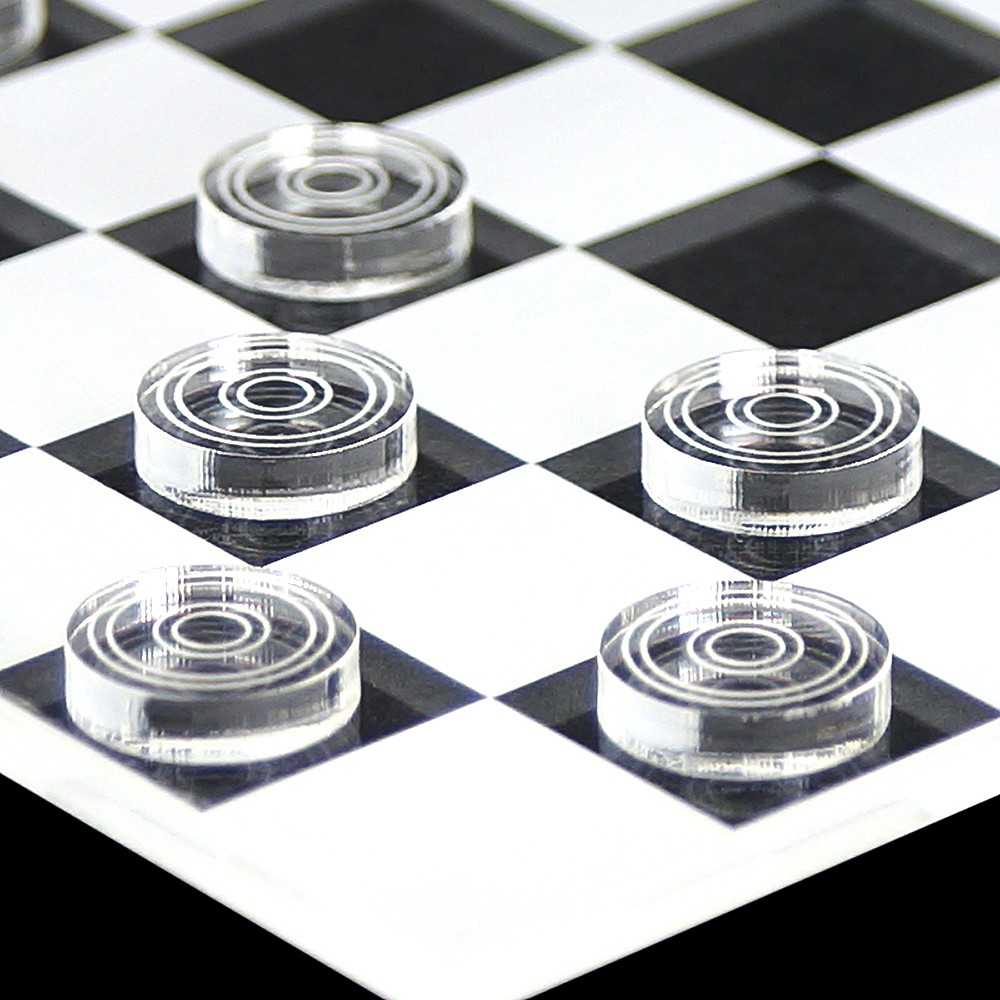 Mini Dame Spiel 25tlg. aus transparentem Acryl klar und grau, Spielbrett per Laser graviert - Dame weiss
