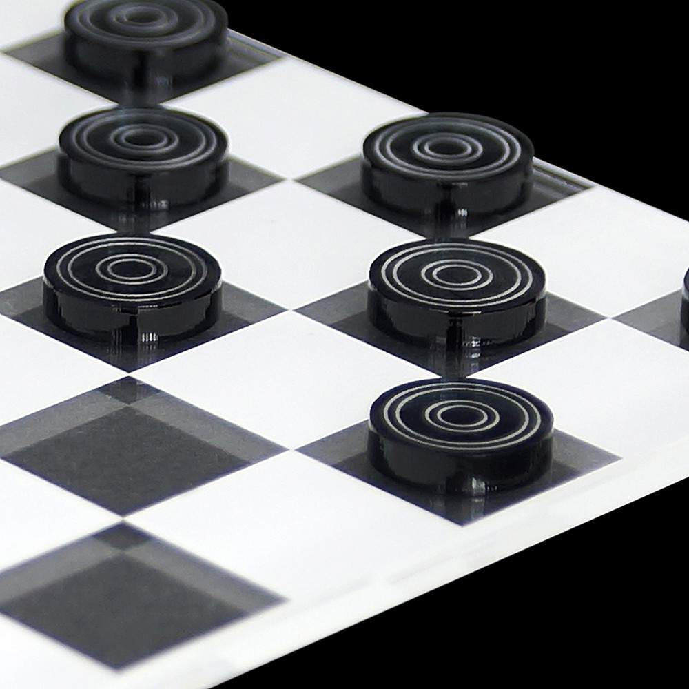 Mini Dame Spiel 25tlg. aus transparentem Acryl klar und grau, Spielbrett per Laser graviert - Dame grau