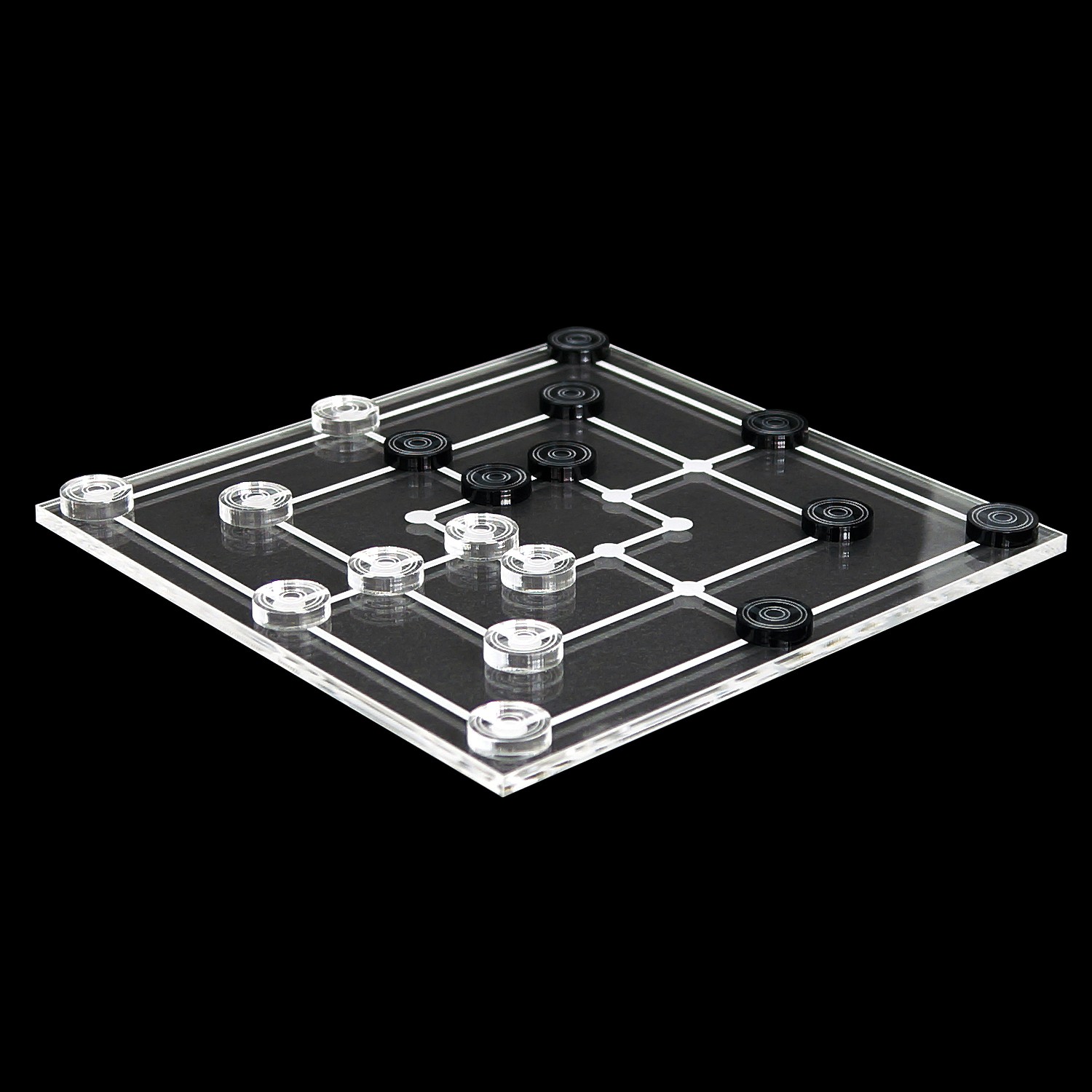 Mini Mühle Spiel 19tlg. aus transparentem Acryl klar und grau, Spielbrett per Laser graviert - Mühle