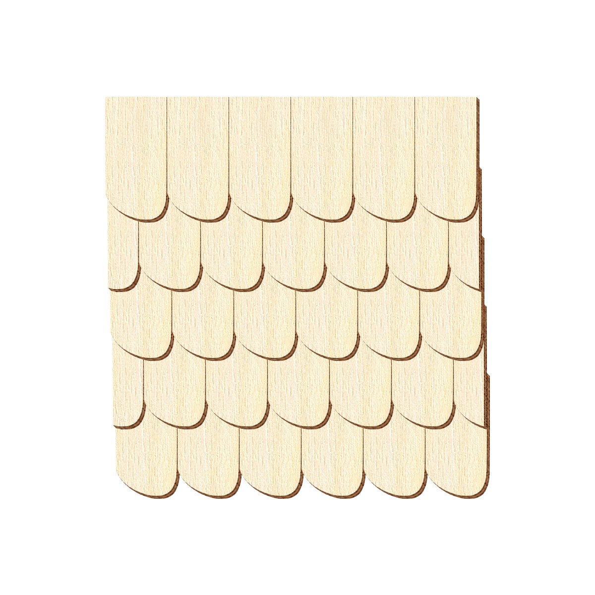 Quadratische Holzplatte mit lasergeschnittenen Schwarzwaldschindeln in überlappender Schuppenoptik, geschwungen abgerundete Unterkanten, helles Naturholz