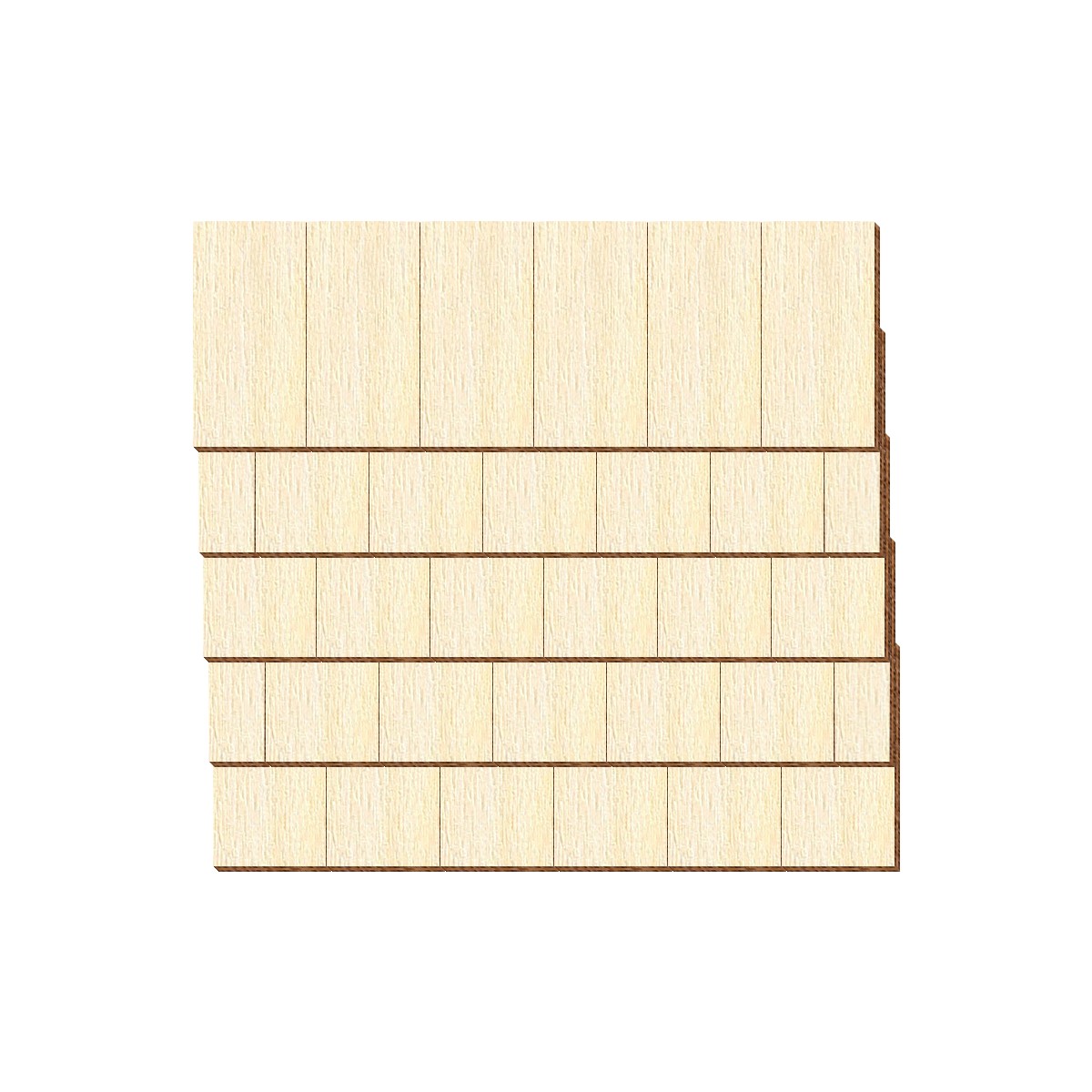 Helles Holz-Zuschnitt-Set mit rechteckigen Schindeln in fünf versetzten Reihen angeordnet, natürliche Holzmaserung, braune Schnittkanten sichtbar