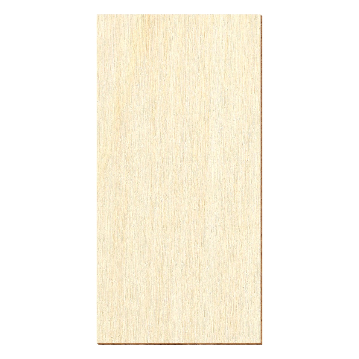 Rechteckige Holzschindel mit heller, cremefarbener Oberfläche und feiner vertikaler Maserung, sichtbare Schnittkante an der rechten Seite mit braunem Holzkern.