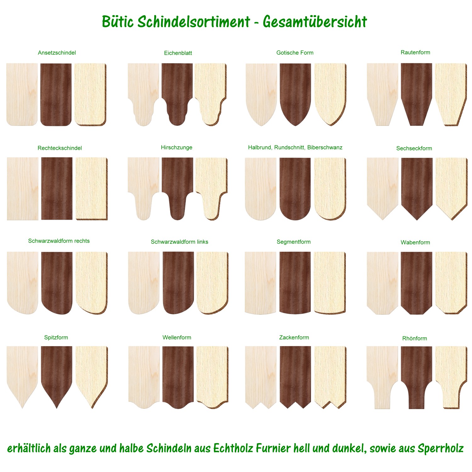 Holzschindeln Rechteckform in hell und dunkel – Übersichtsdiagramm aller 16 Bütic-Schindelformen aus Echtholzfurnier und Sperrholz, darunter Ansetzschindel, Eichenblatt, Gotische Form, Rautenform, Hirschzunge, Biberschwanz, Sechseckform, Schwarzwaldform,