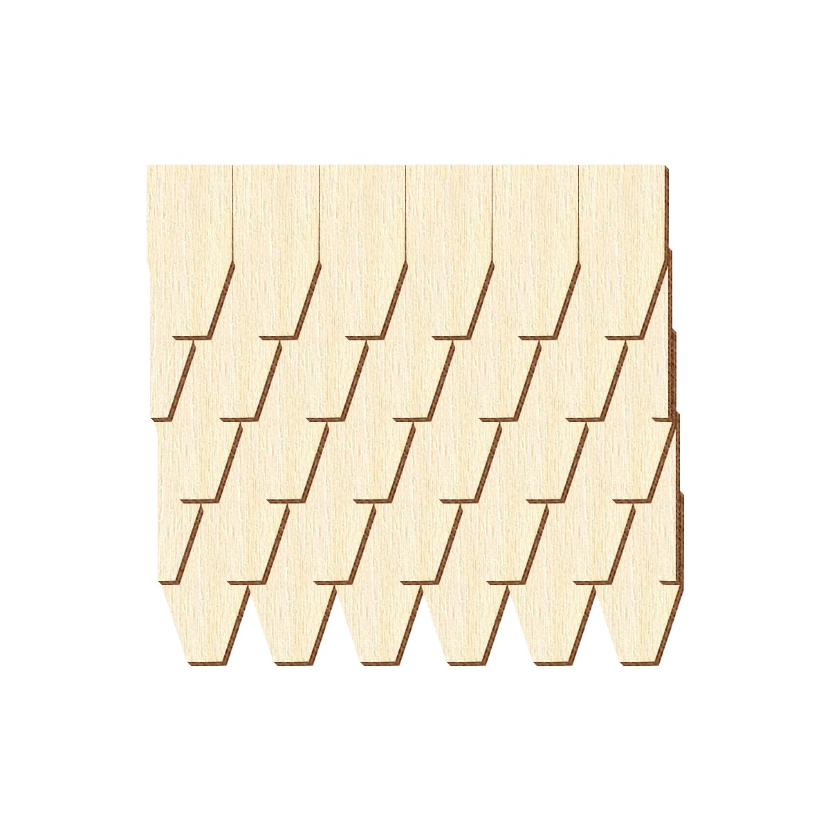 Lasergefräste Holzschindeln in Rautenform, hell-beige Naturholz, mehrere Schindeln überlappend angeordnet, spitz zulaufende Unterseiten, präzise eingeritzte Schindelstruktur