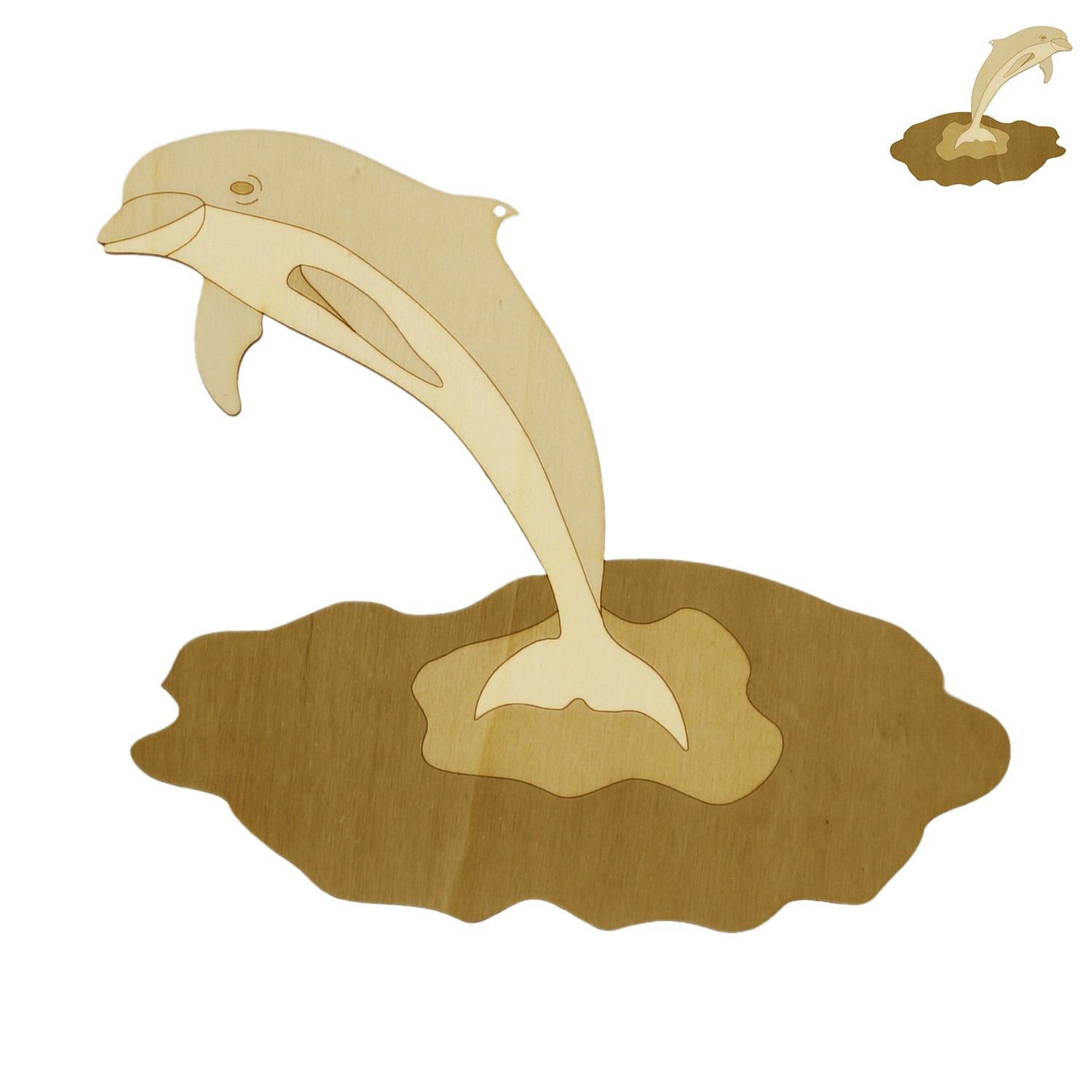 Fensterbild / Wandbild Deko springender Delfin aus Holz beidseitig 3stufig graviert