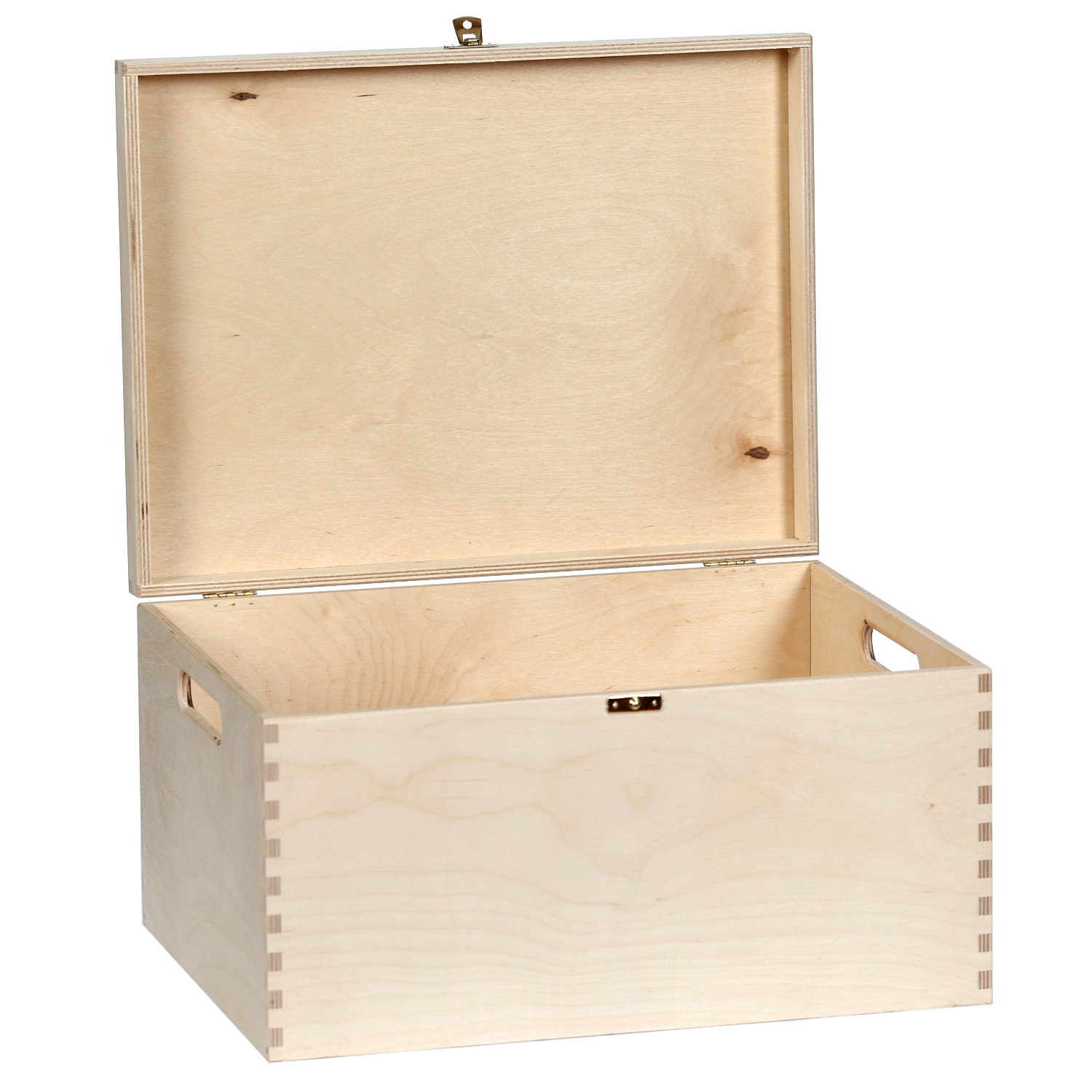 geöffnete Holzkiste mit Deckel und Verschluß
