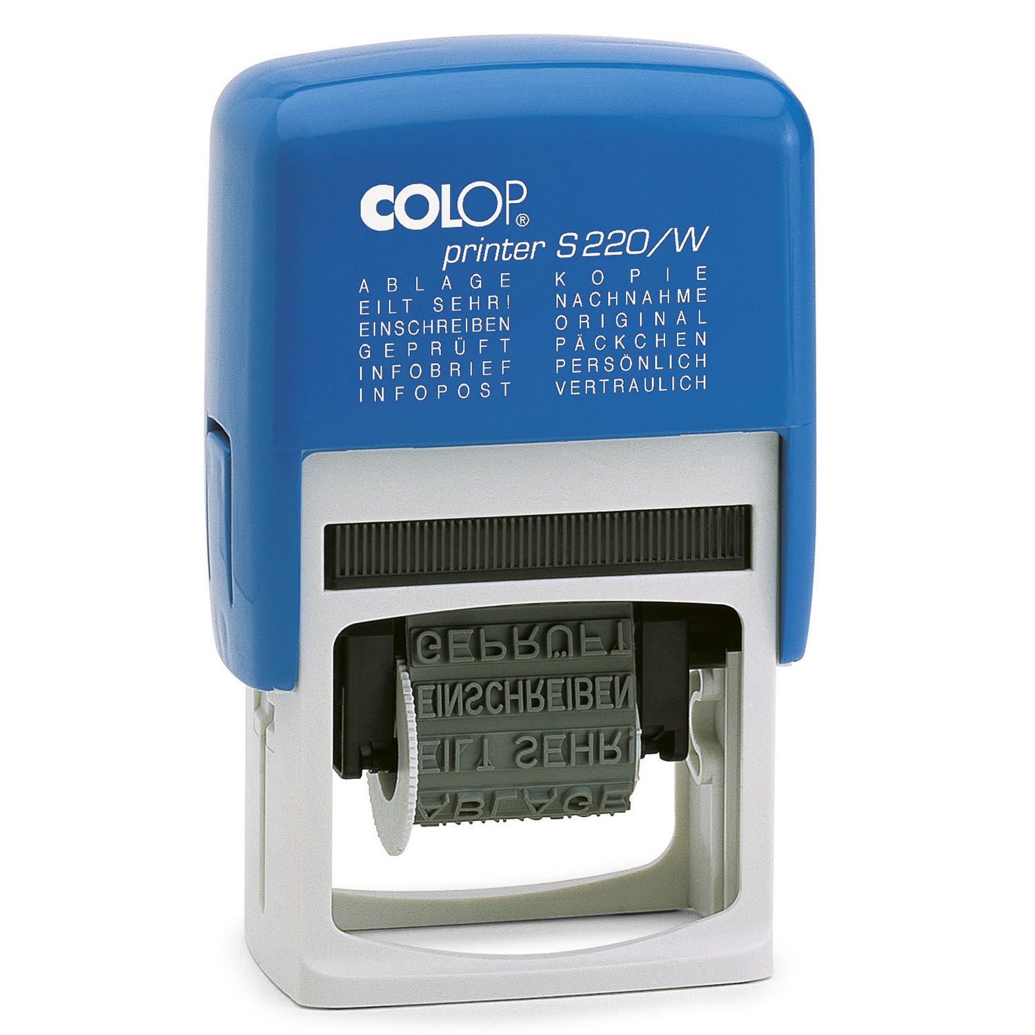 COLOP Blue Line Printer 12in1 Stempel mit 12 fertigen Stempeltexten - Wortbandstempel