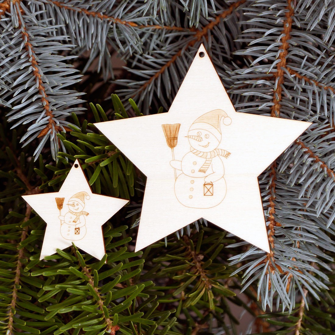 Baumschmuck 2er Sets 5 armige Motiv-Sterne - Schneemann