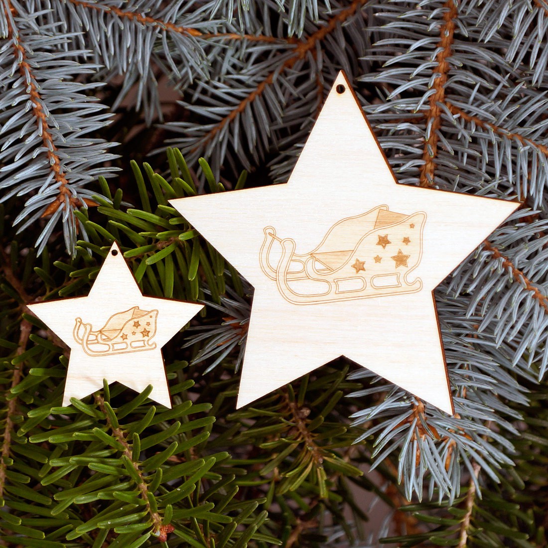 Baumschmuck 2er Sets 5 armige Motiv-Sterne - Schlitten