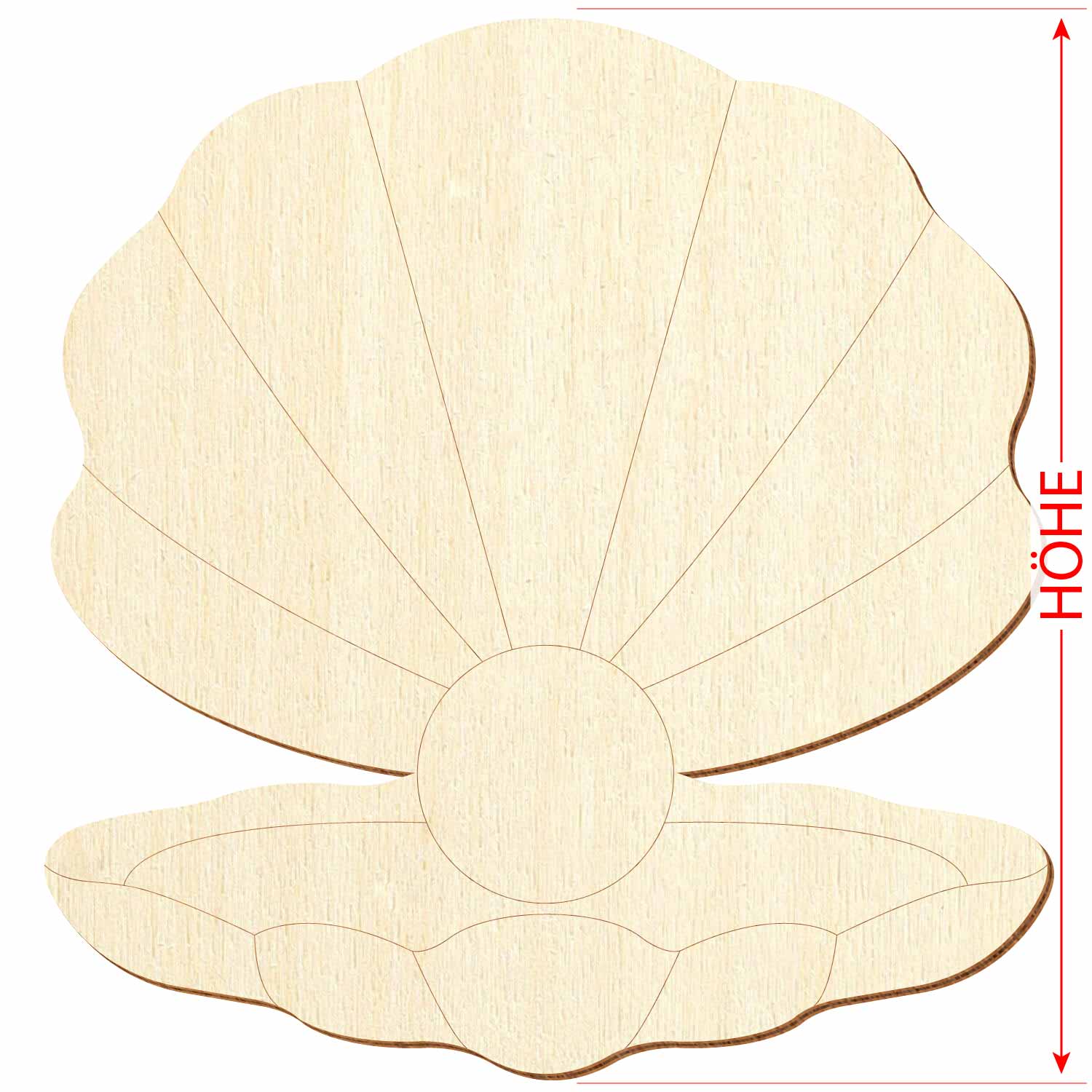 geöffnete Muschel mit Perle aus Holz Großansicht mit Maßangabe