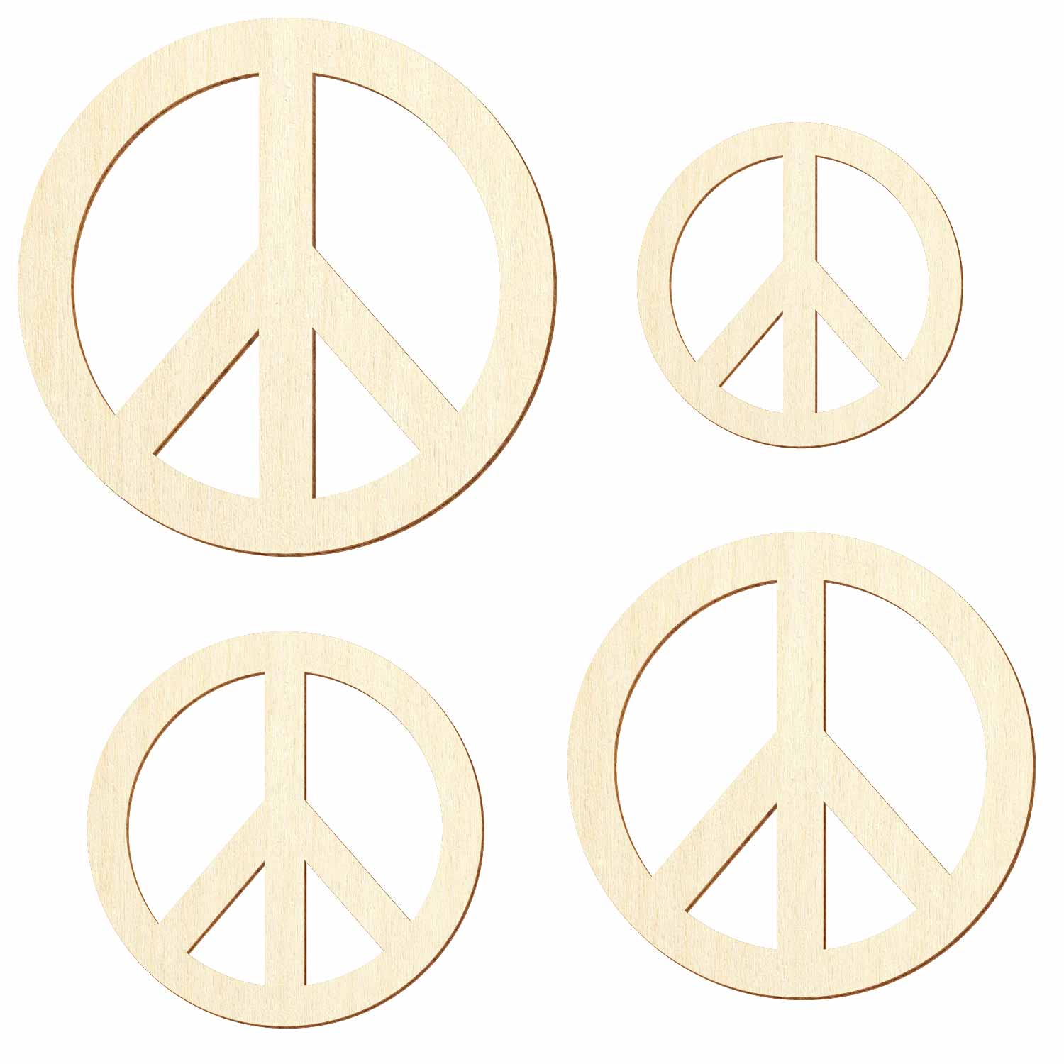 Peacezeichen aus Holz in vier verschiedenen Größen