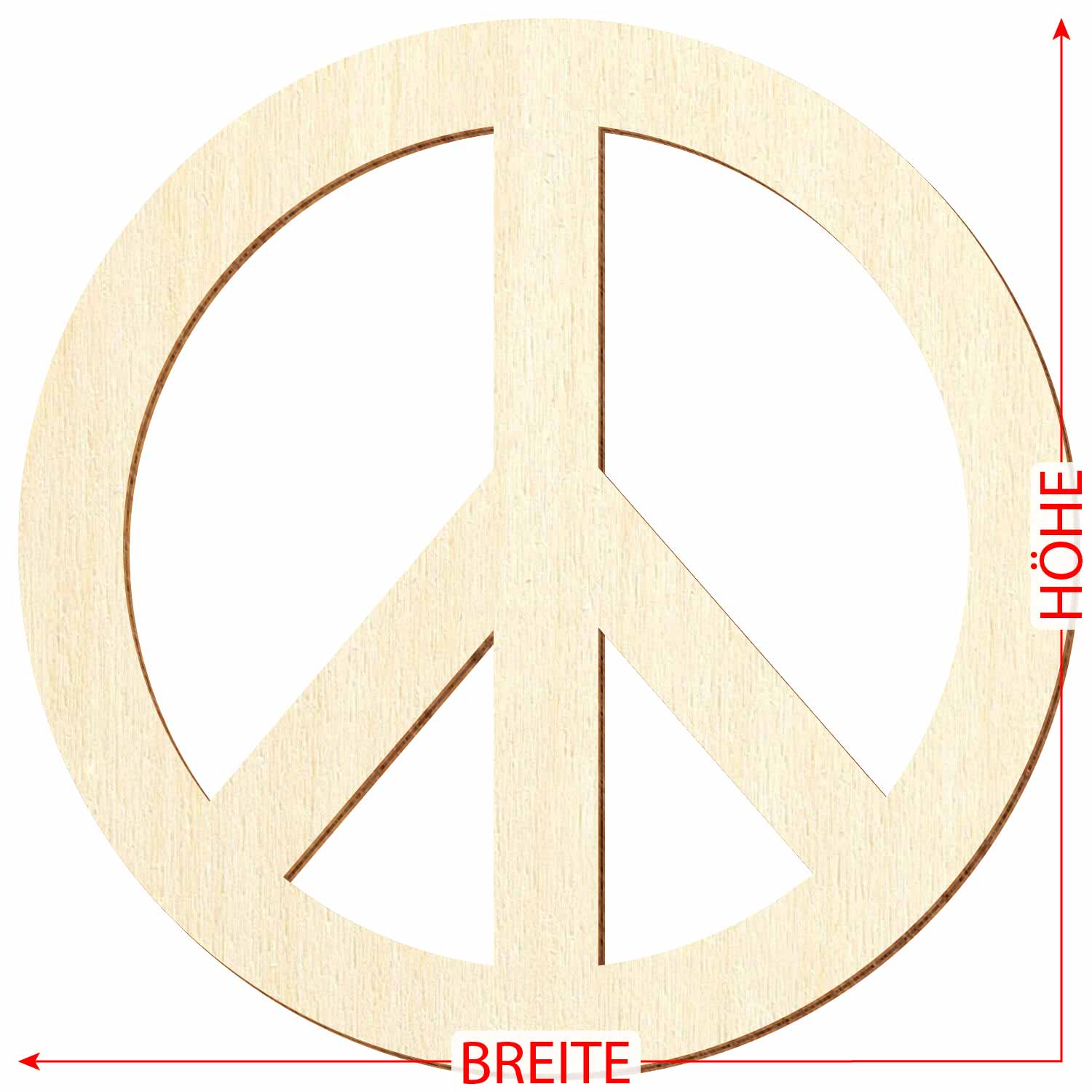 Peacezeichen aus Holz in Großansicht mit Referenzmaß