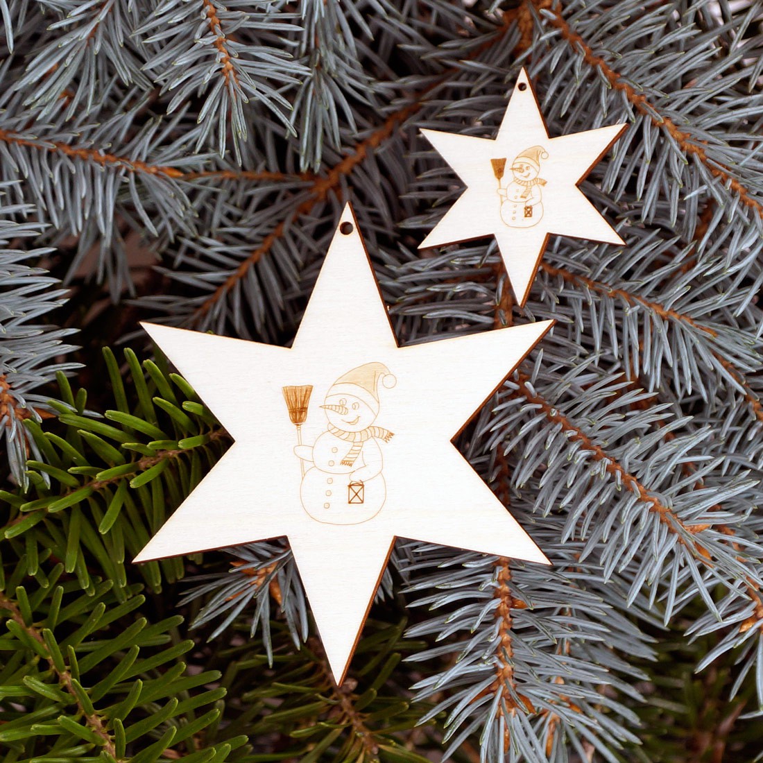 Baumschmuck 2er Sets 6 armige Motiv-Sterne - Schneemann