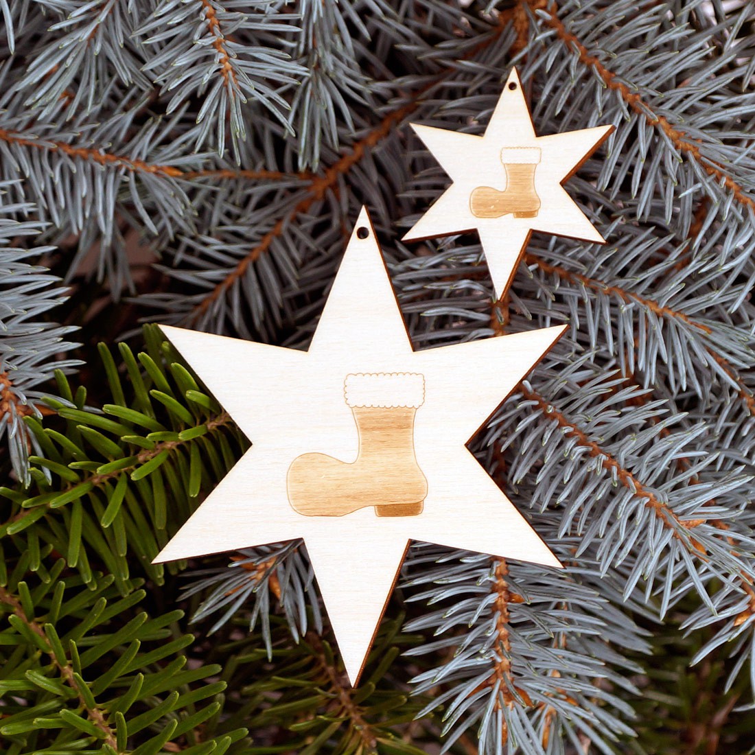 Baumschmuck 2er Sets 6 armige Motiv-Sterne - Stiefel
