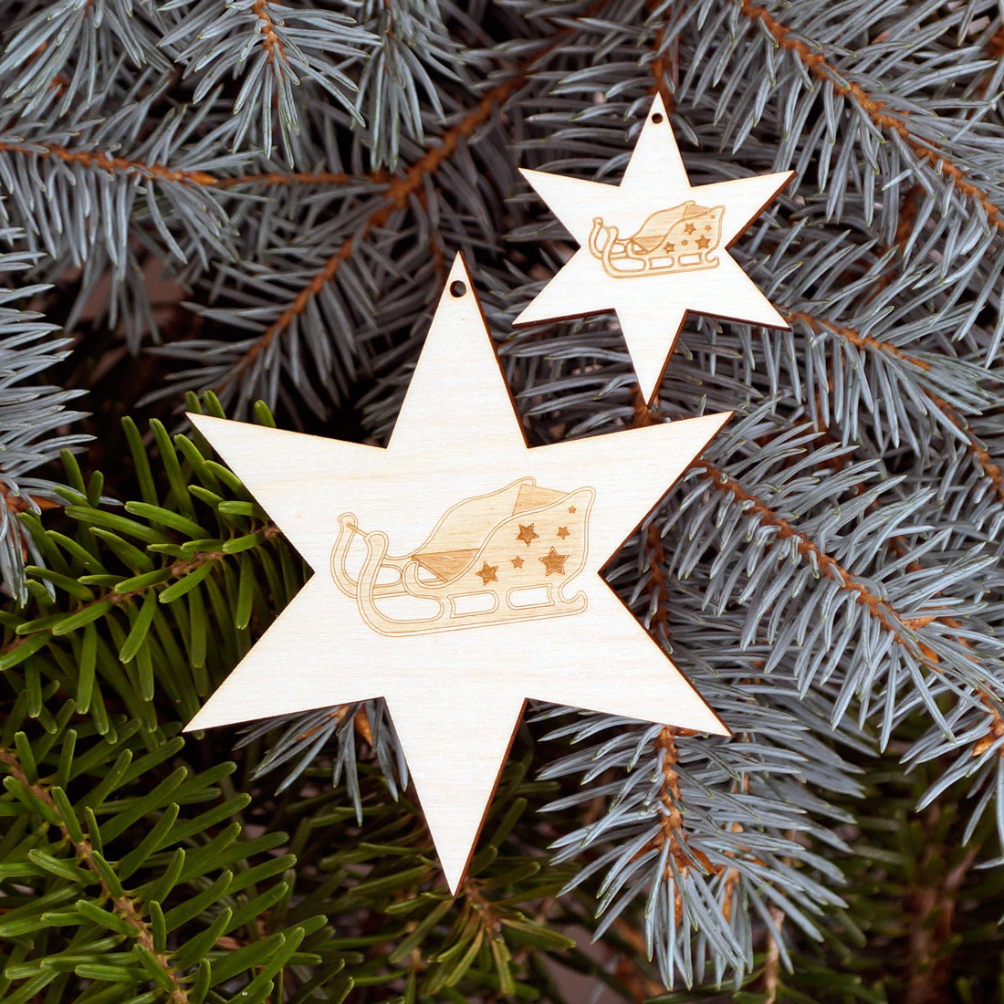Baumschmuck 2er Sets 6 armige Motiv-Sterne - Schlitten