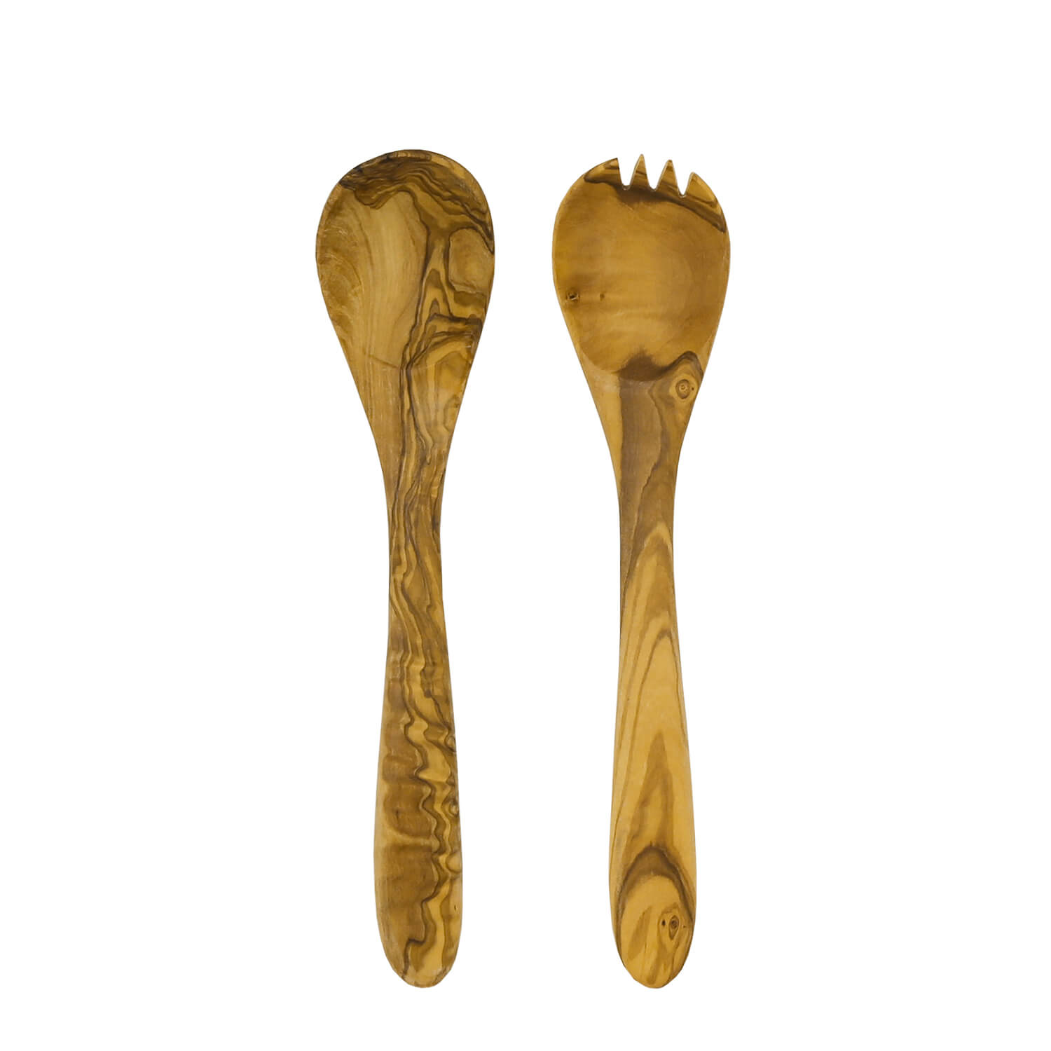 Frontalansicht Löffel und Gabel aus Olivenholz 25cm Länge
