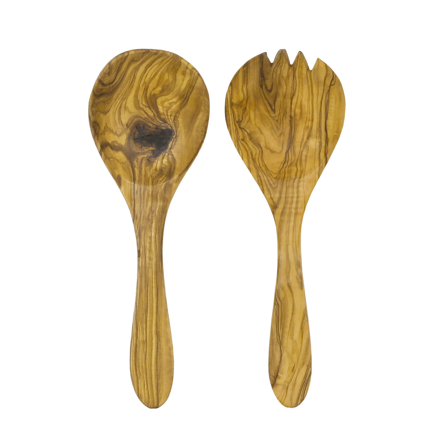 Frontalansicht Löffel und Gabel aus Olivenholz 26cm Länge