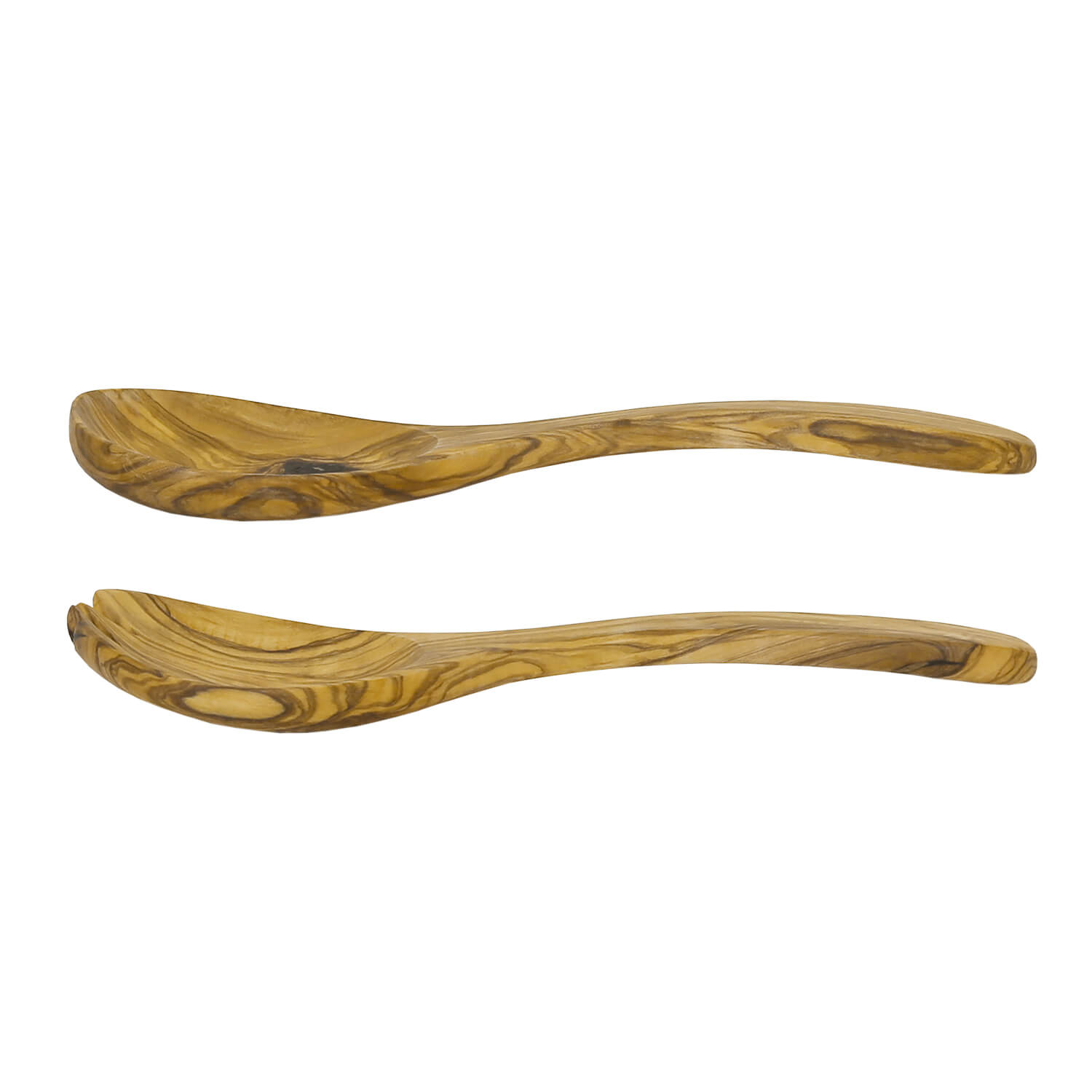Seitenansicht Löffel und Gabel aus Olivenholz 26cm Länge