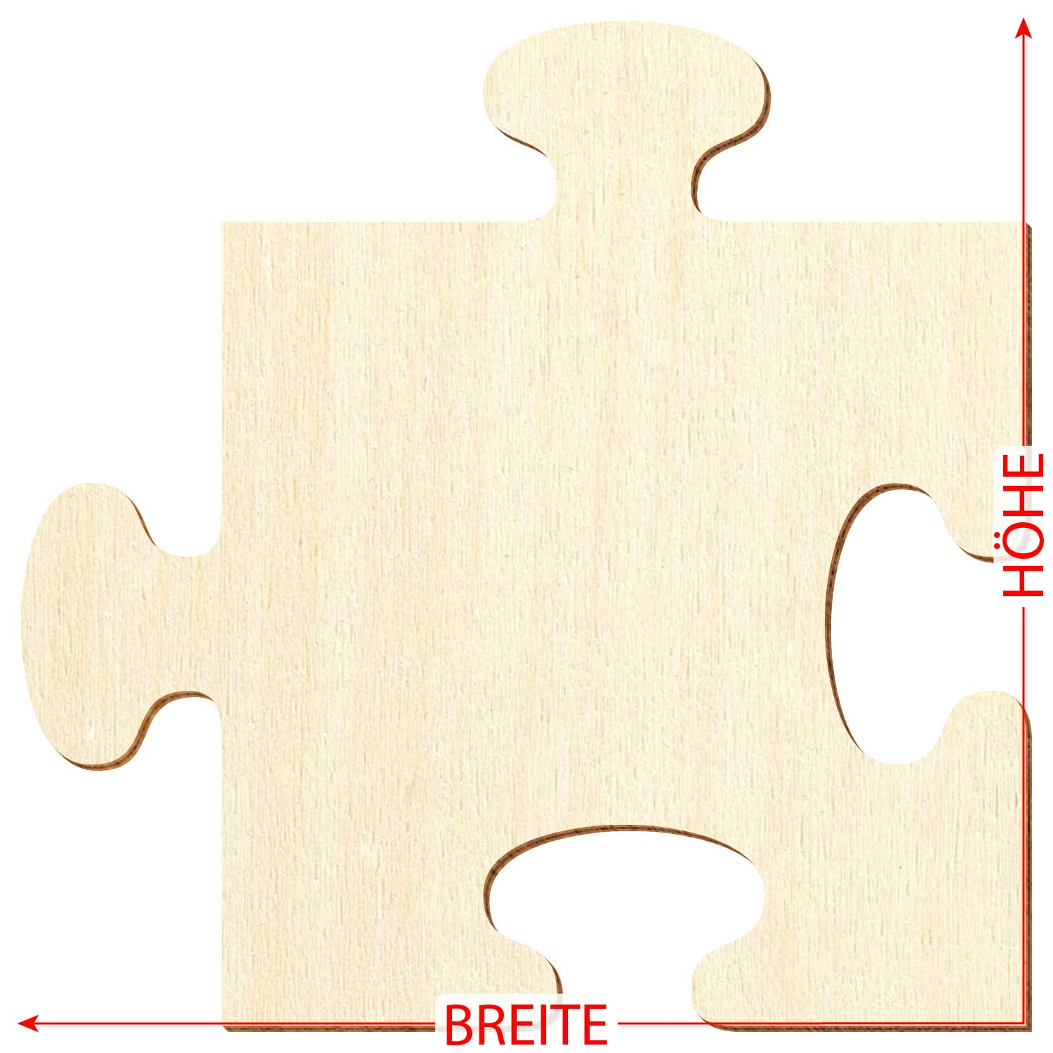 Puzzleteil aus Pappelsperrholz mit Maßpfeilen für Höhe und Breite