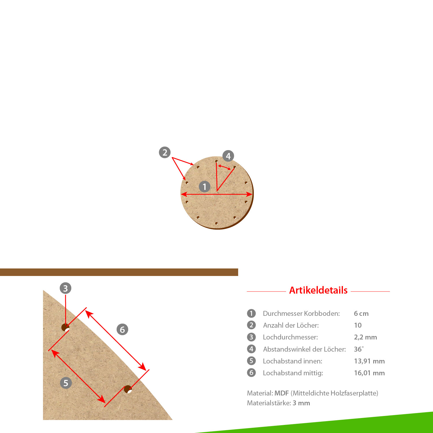 MDF Korbboden rund 6cm Durchmesser 10 Löcher mit Artikeldetails