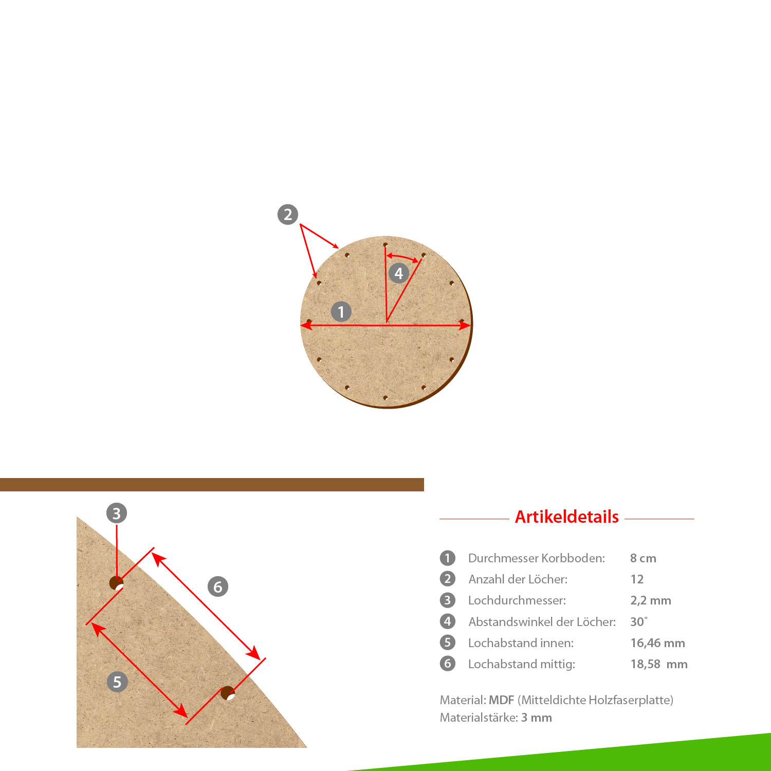 MDF Korbboden rund 8cm Durchmesser 12 Löcher mit Artikeldetails