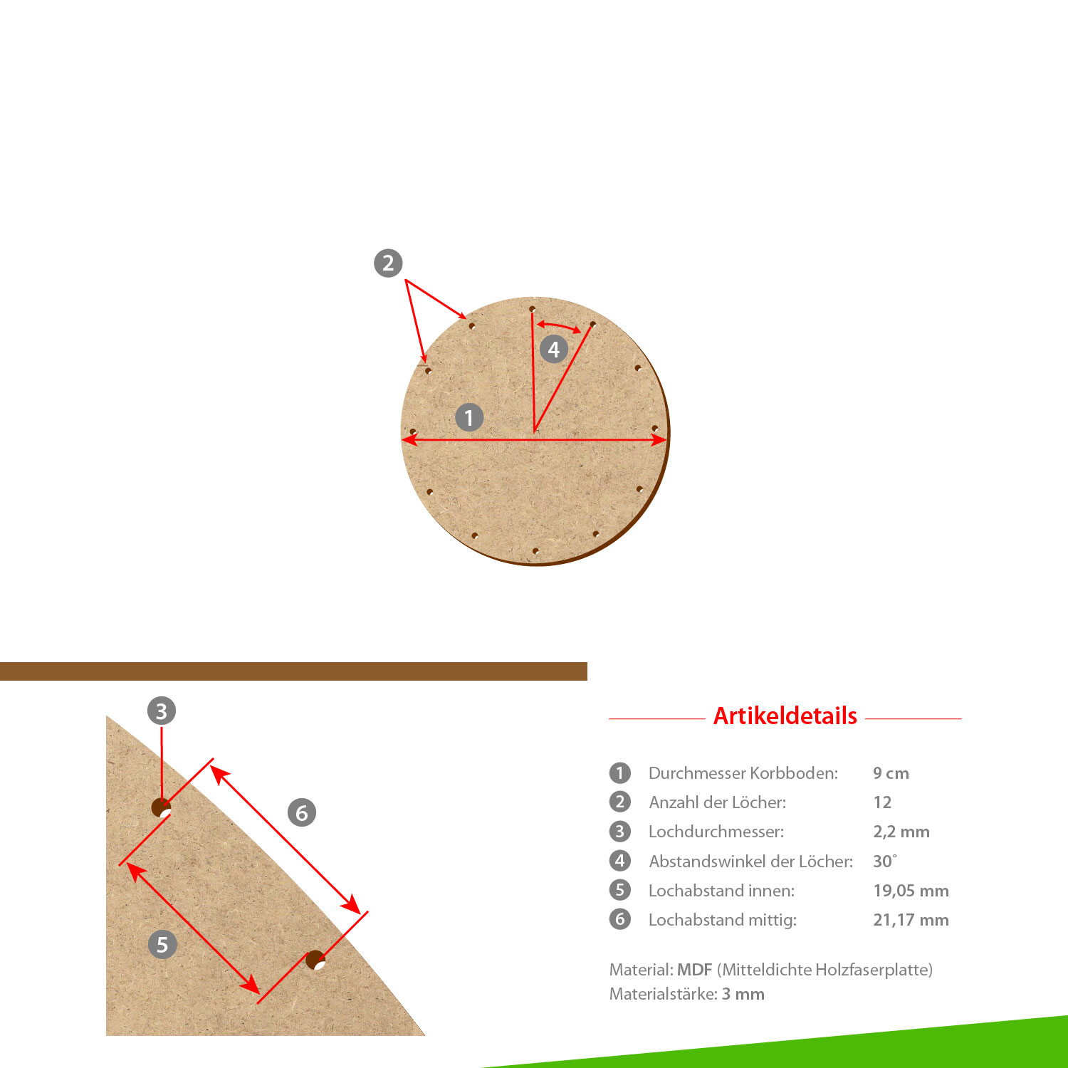 MDF Korbboden rund 9cm Durchmesser 12 Löcher mit Artikeldetails