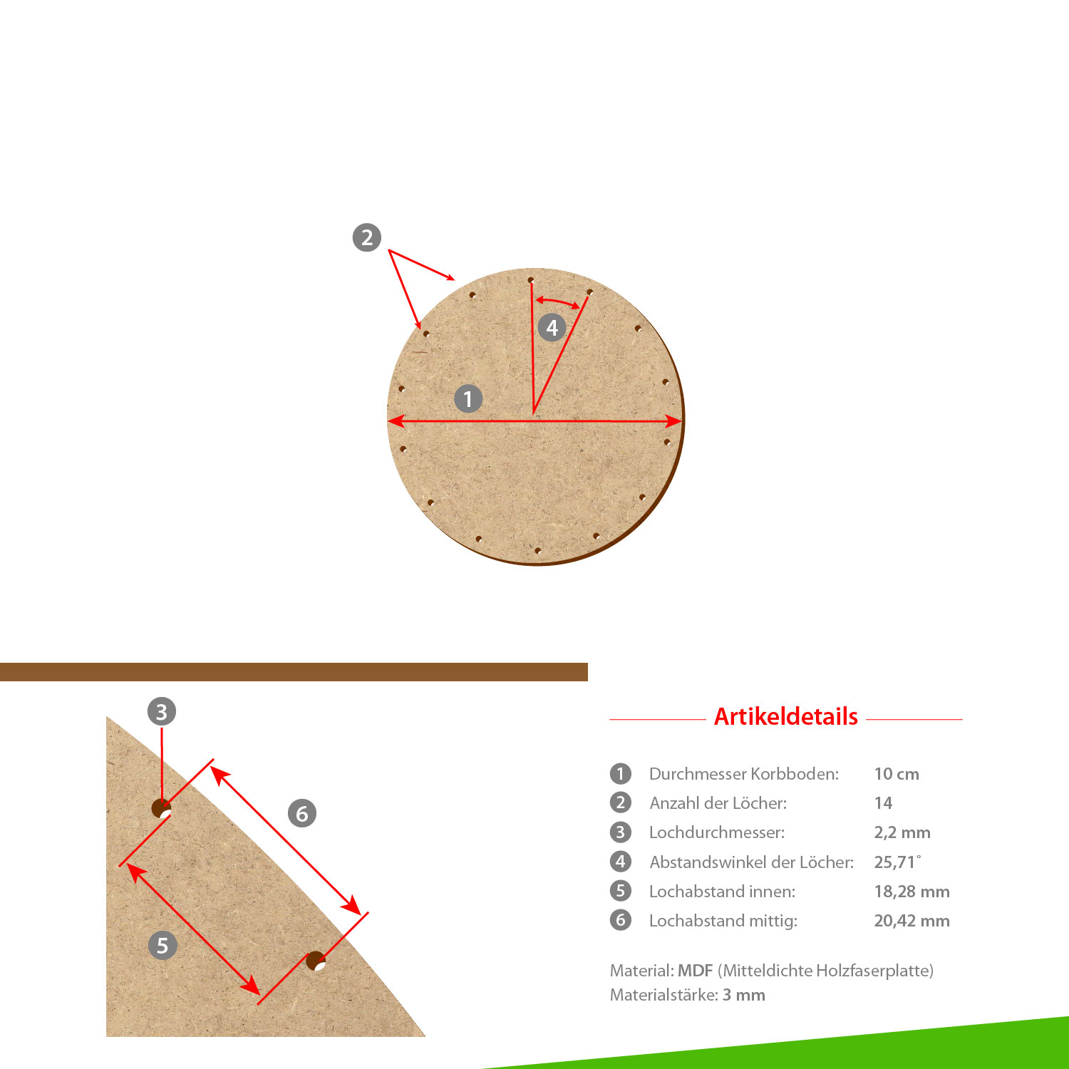 MDF Korbboden rund 10cm Durchmesser 14 Löcher mit Artikeldetails