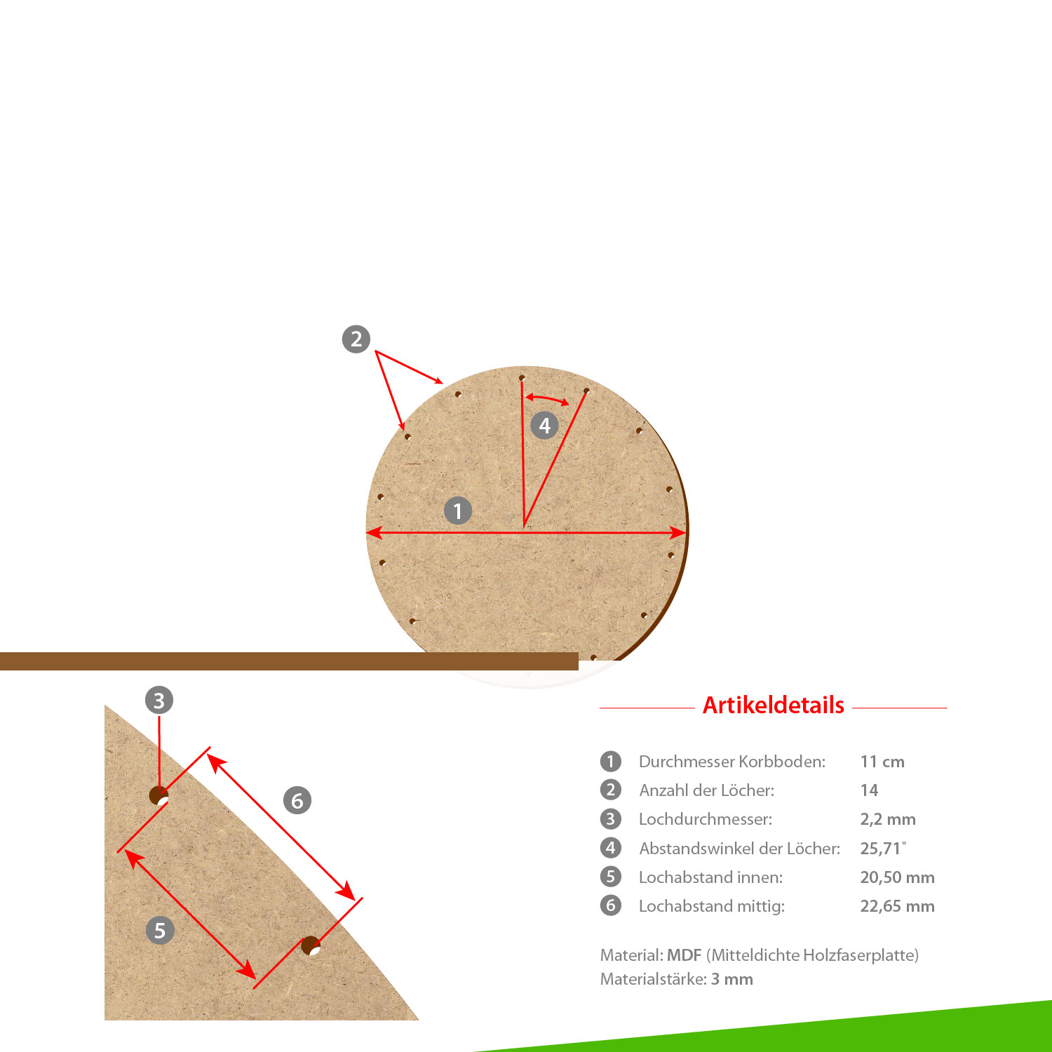 MDF Korbboden rund 11cm Durchmesser 14 Löcher mit Artikeldetails