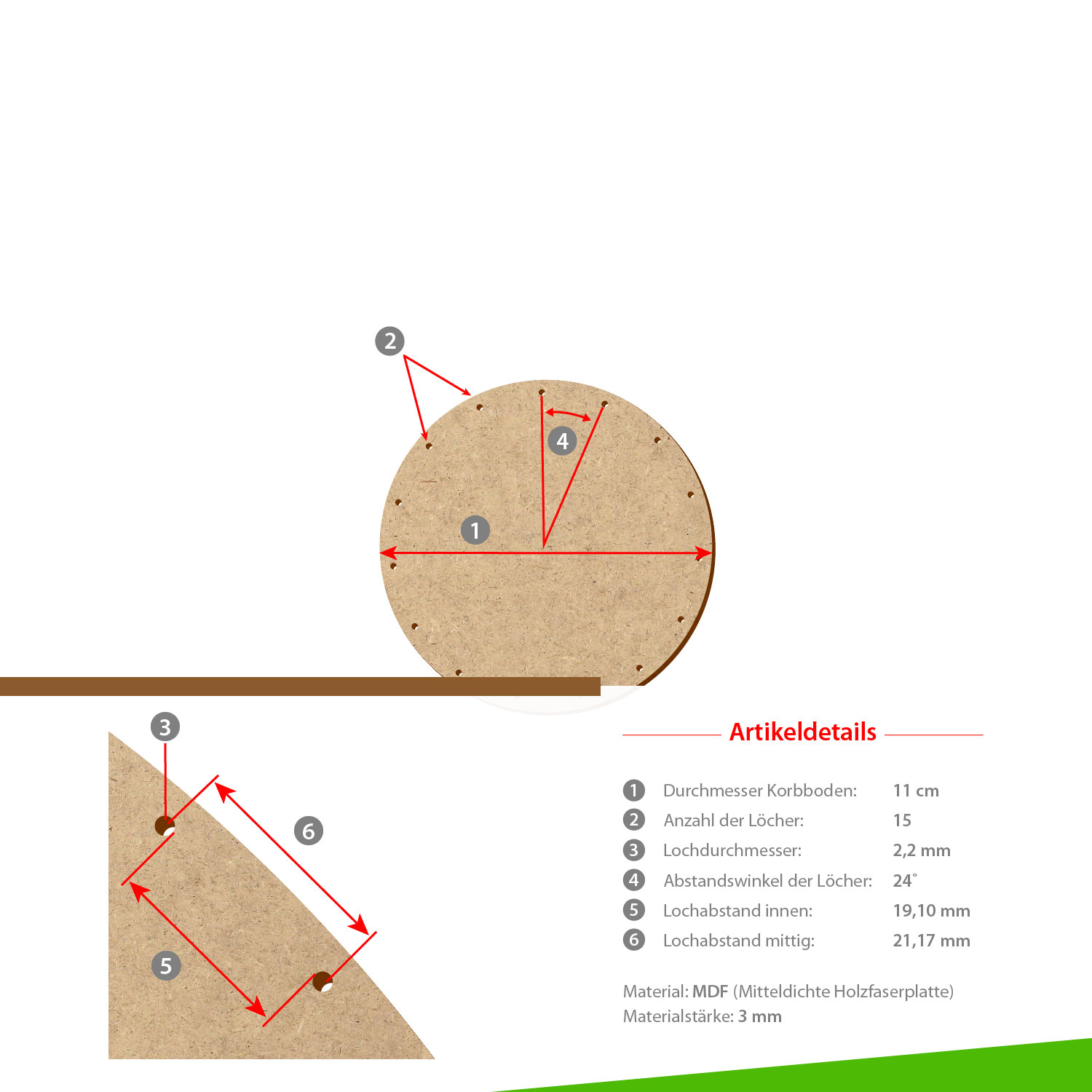 MDF Korbboden rund 11cm Durchmesser 15 Löcher mit Artikeldetails